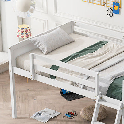 Norela white low loft bed showing low bed frame and guardrail detail