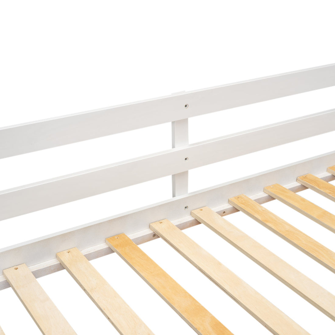 Norela white low loft bed showing underbed storage and frame detail