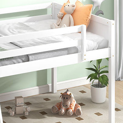 Norela white low loft bed showing underbed storage and frame detail