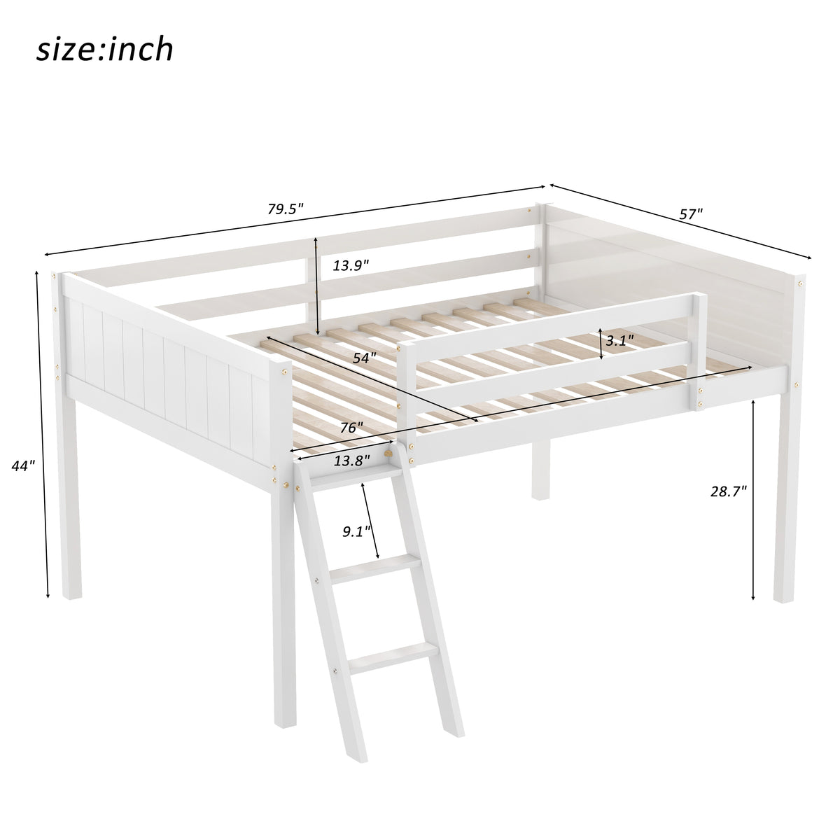 Norela white low loft bed showing dimensions