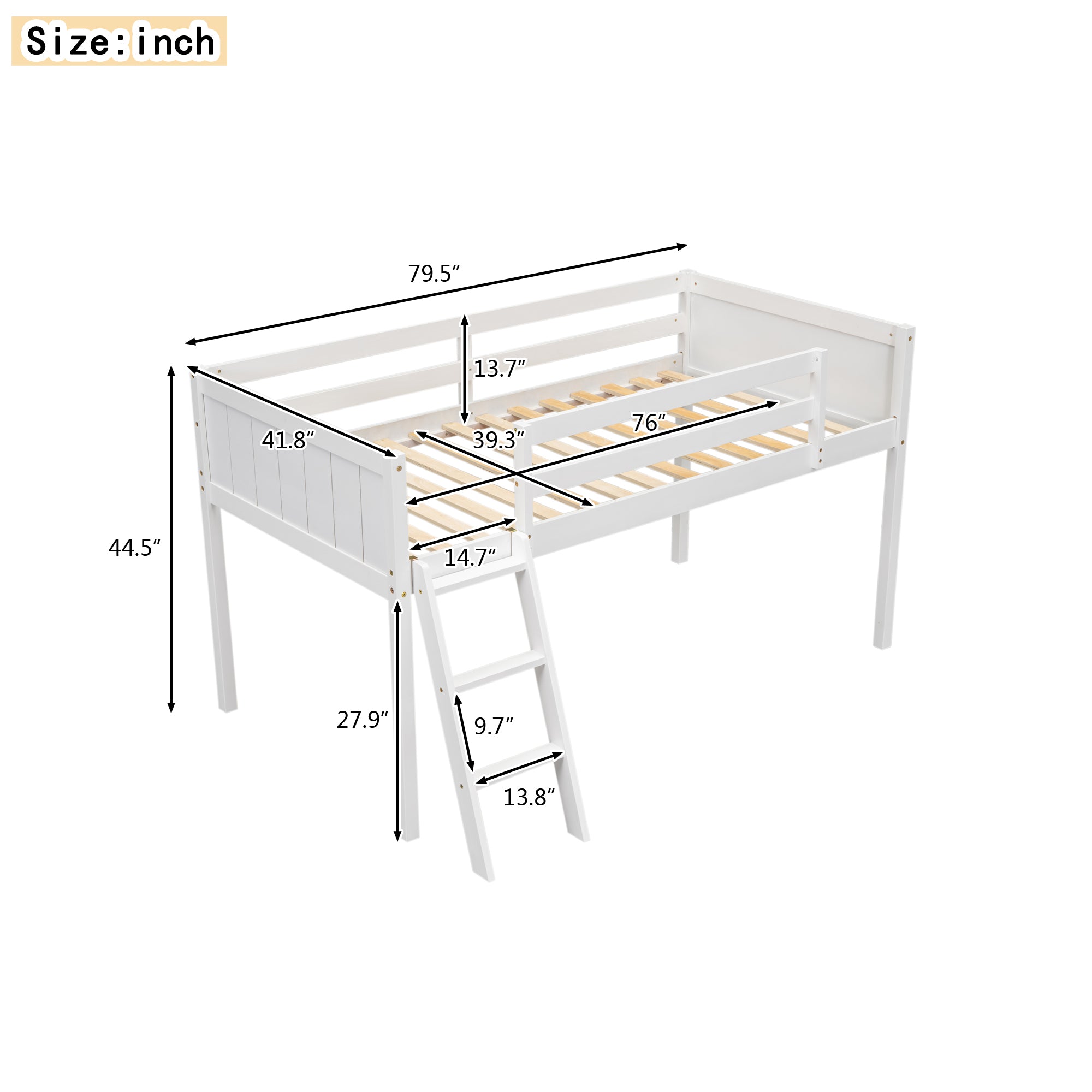 Norela white low loft bed showing dimensions