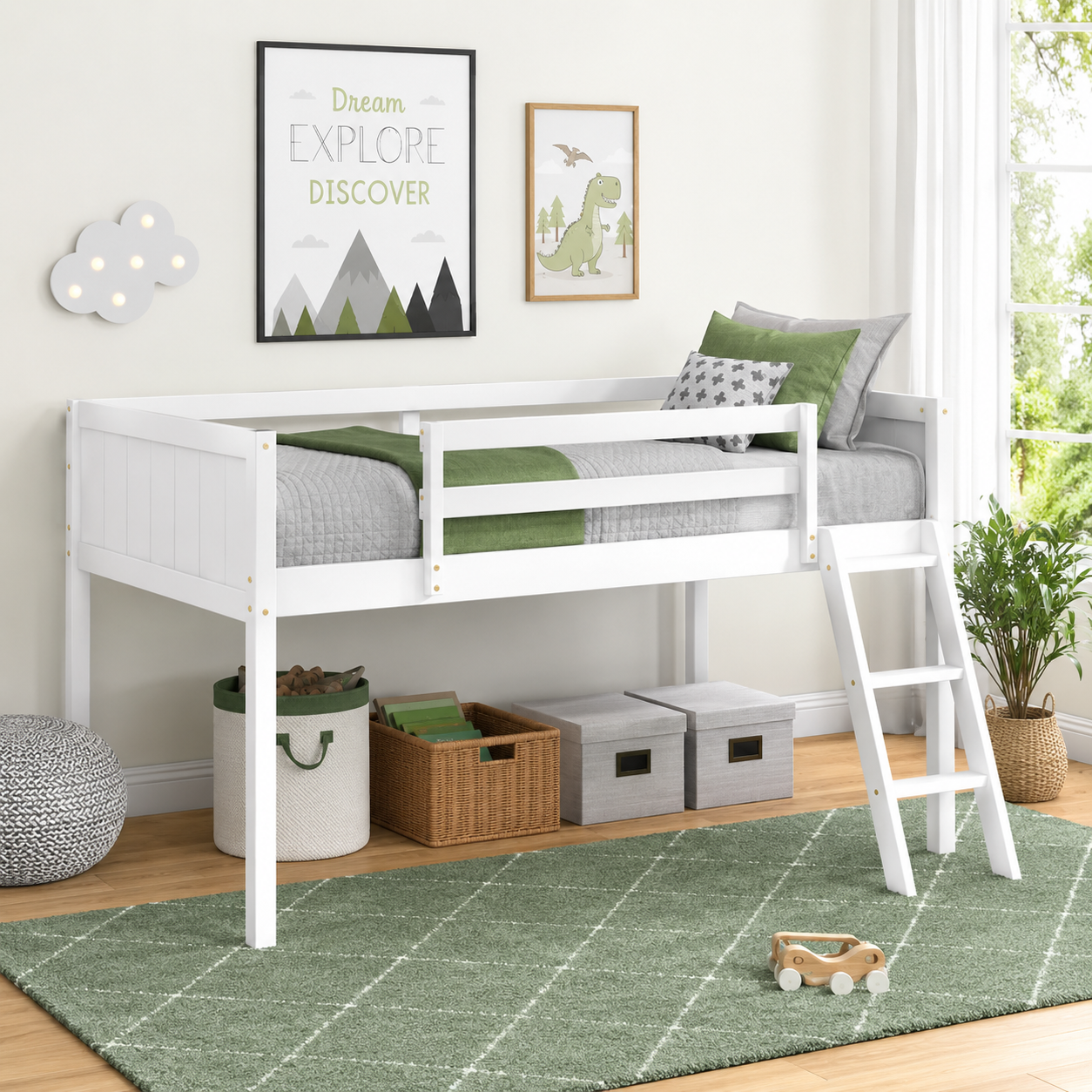 Norela white twin size wood low loft bed with reversible ladder in a bright kids bedroom