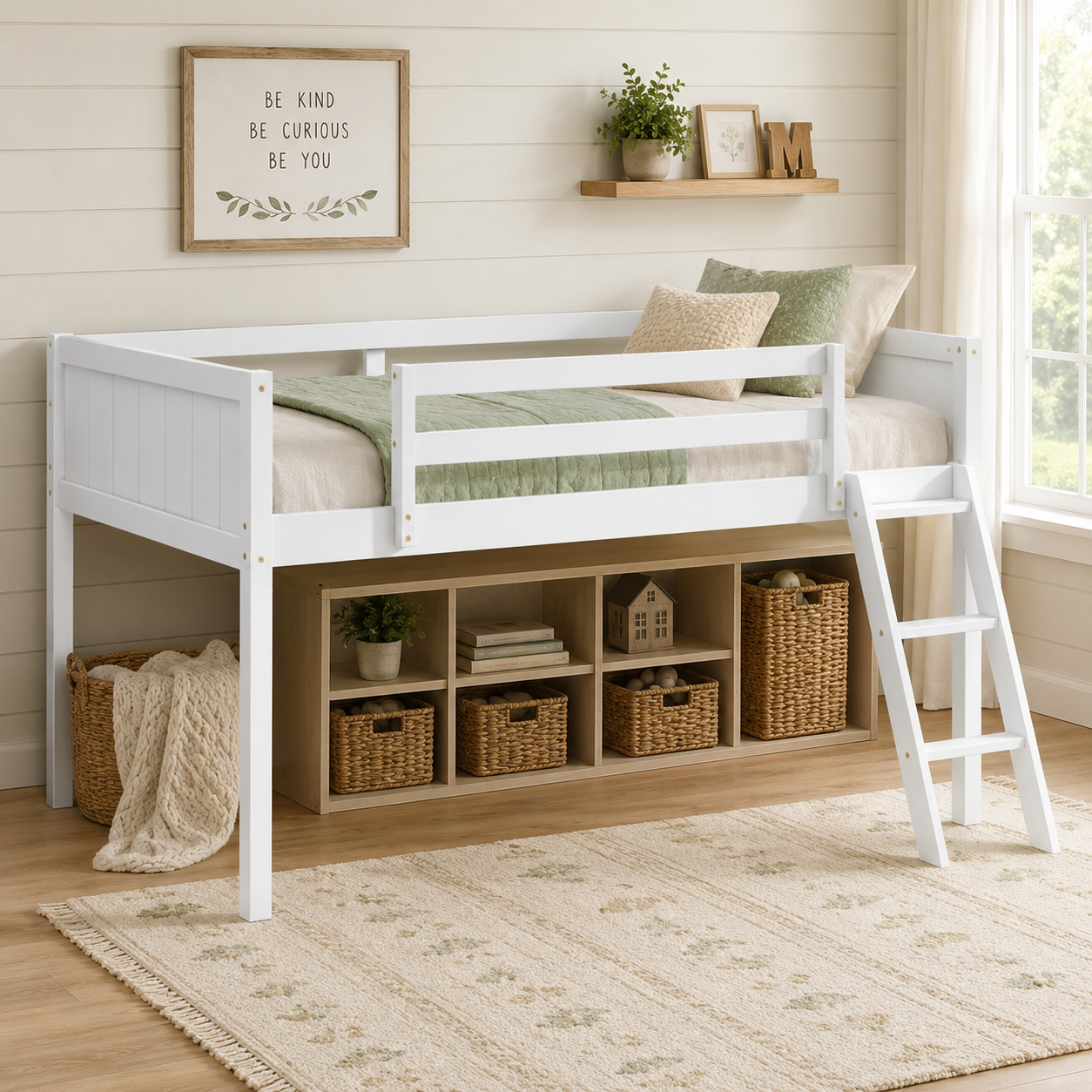 Norela white twin size low loft bed with open underbed storage space in a warm bedroom