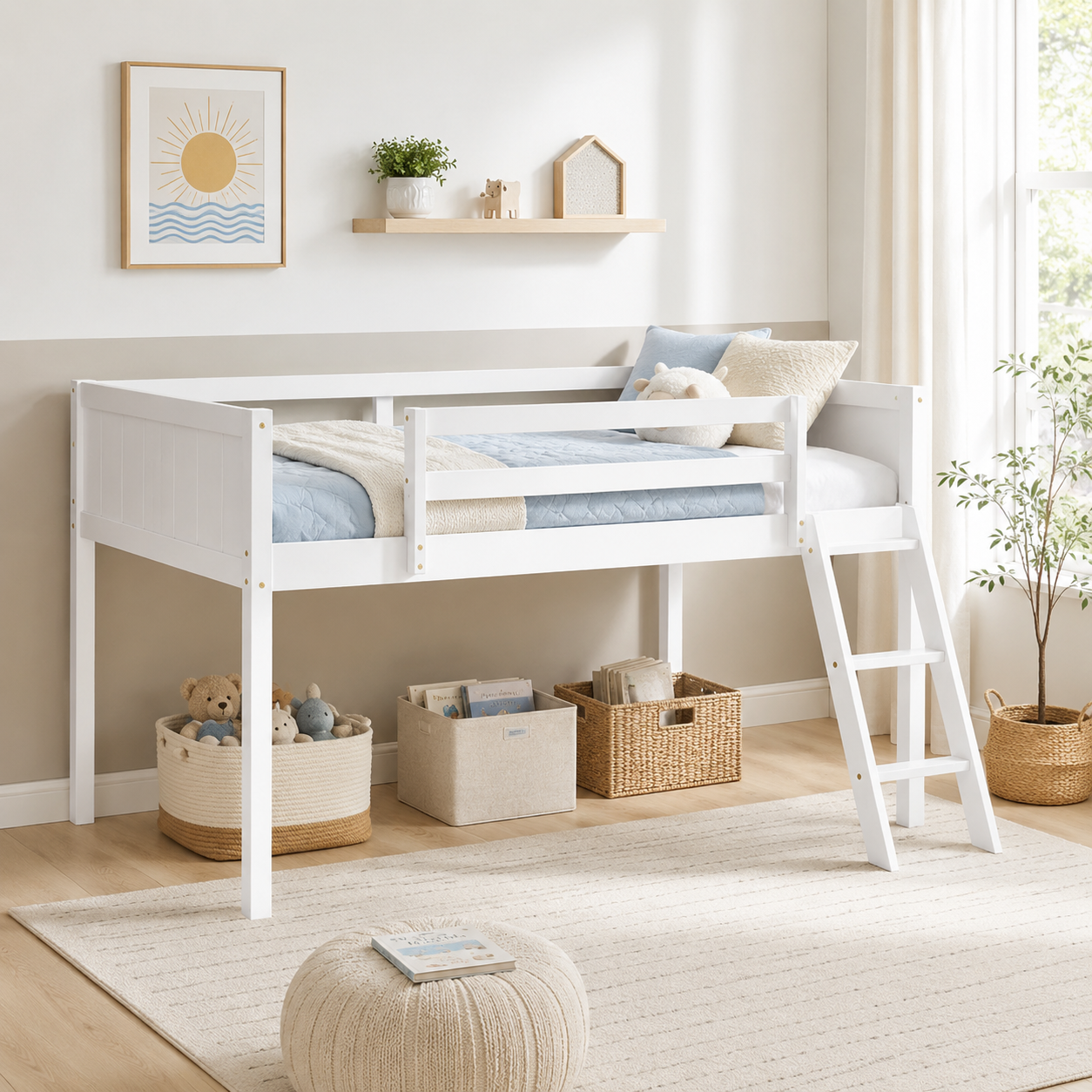 Norela white twin size wood low loft bed with ladder in a light neutral bedroom