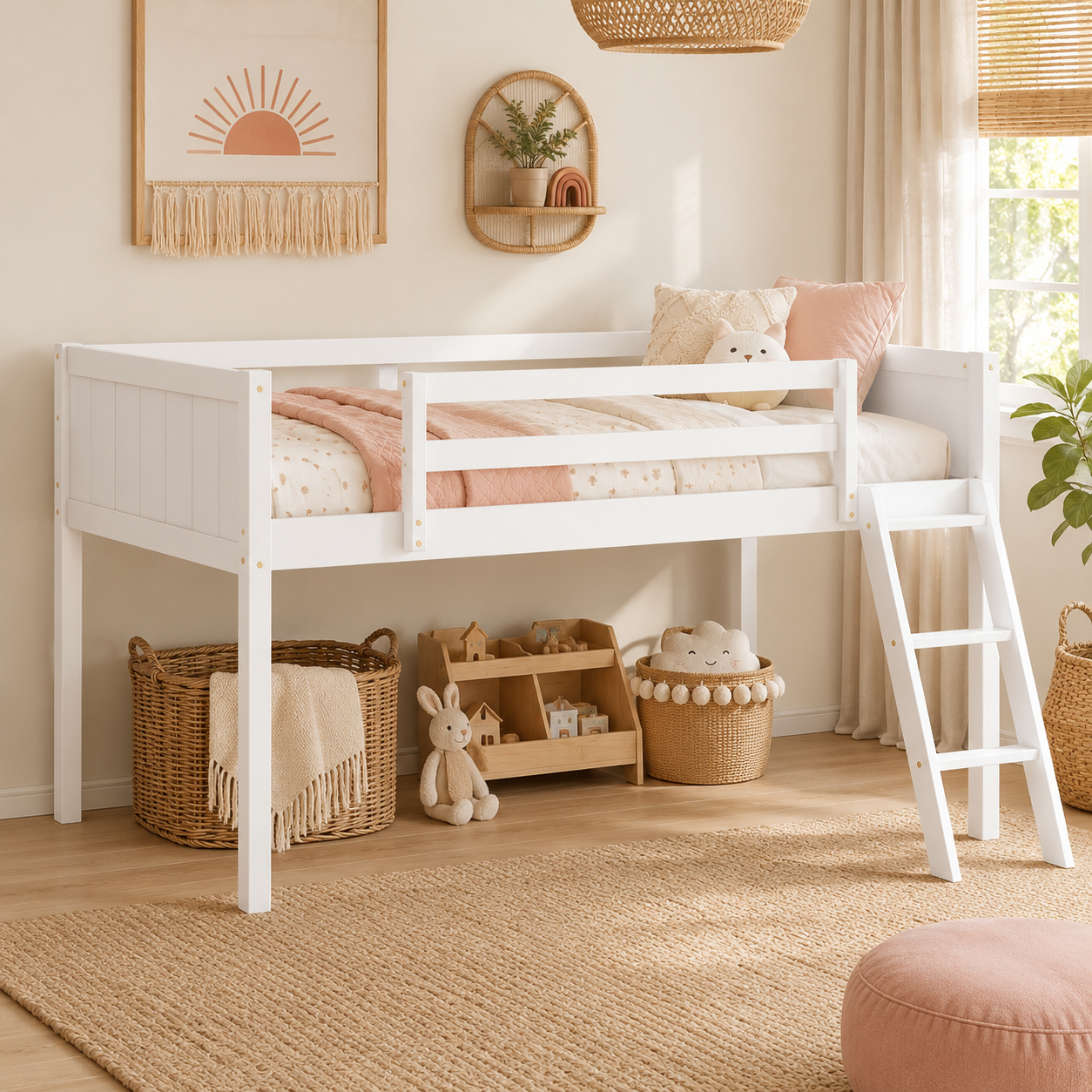 Norela white twin size low loft bed with underbed baskets in a cozy kids room
