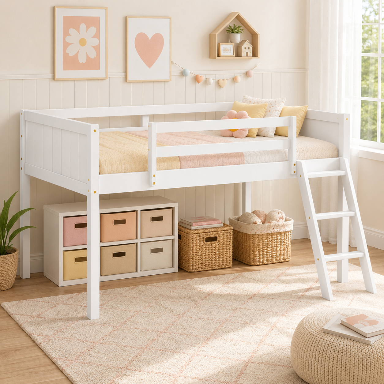 Norela white twin size wood low loft bed in a cheerful bedroom with storage bins underneath