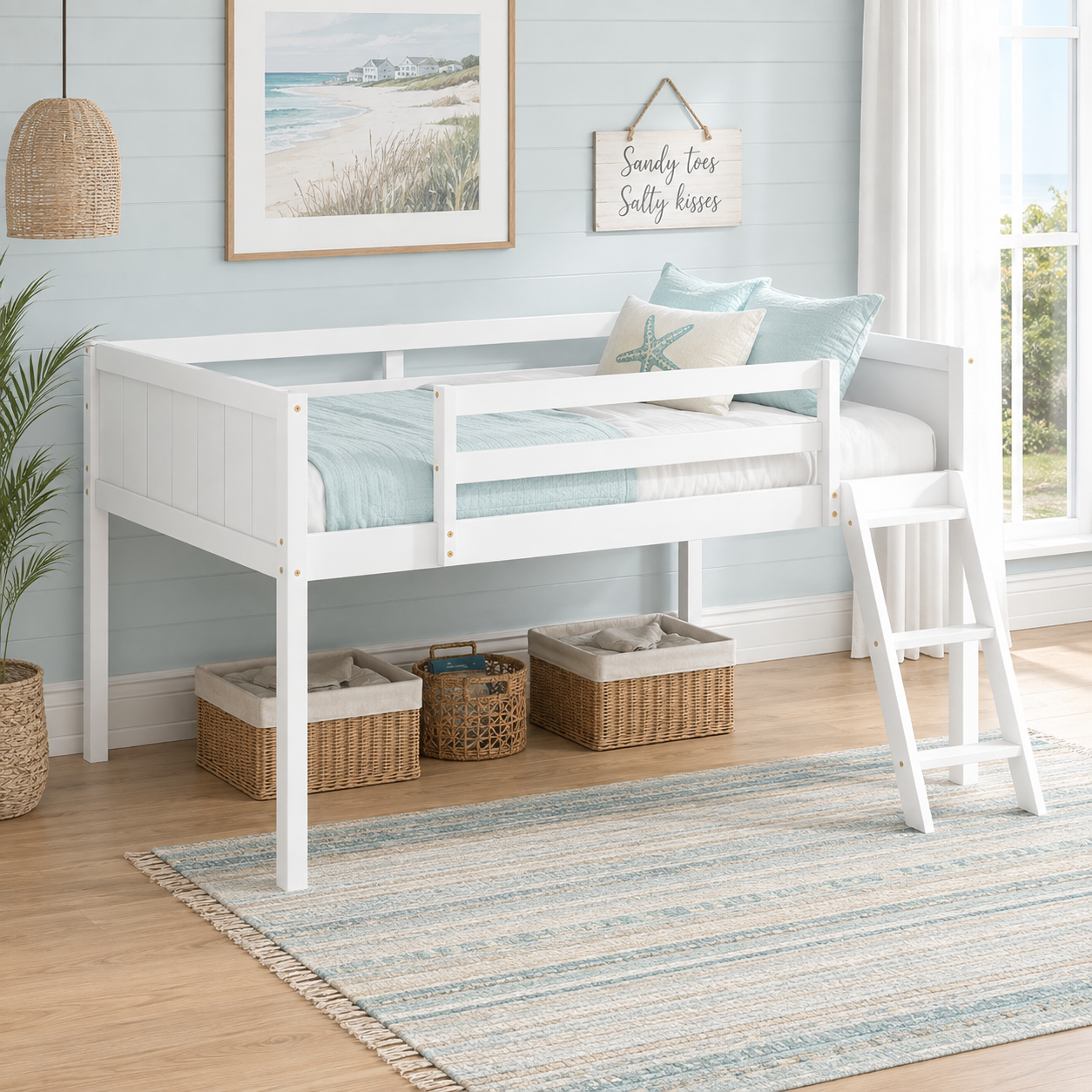 Norela white twin size low loft bed in a bright bedroom with blue rug and underbed storage