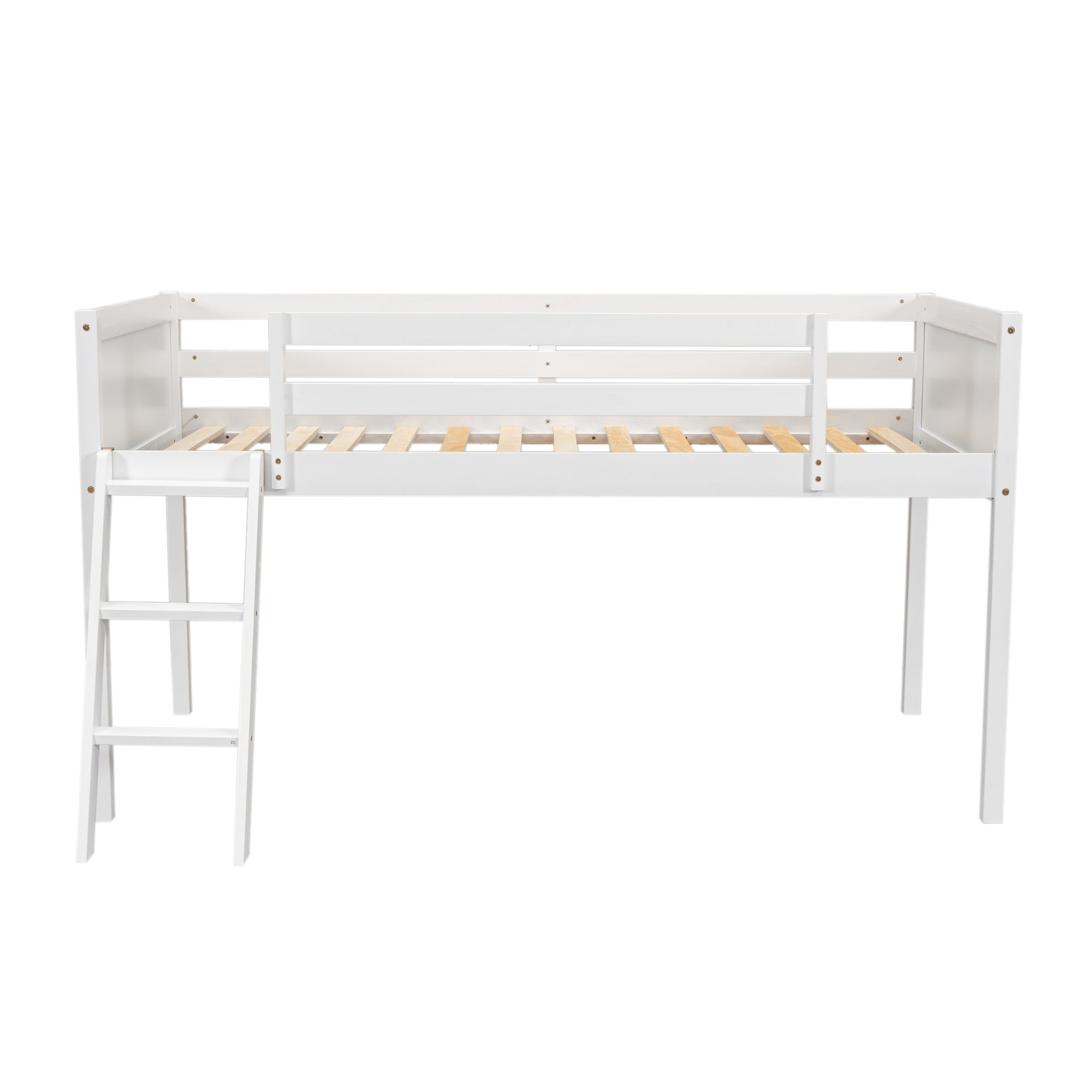 Norela white twin size wood low loft bed straight front view on white background