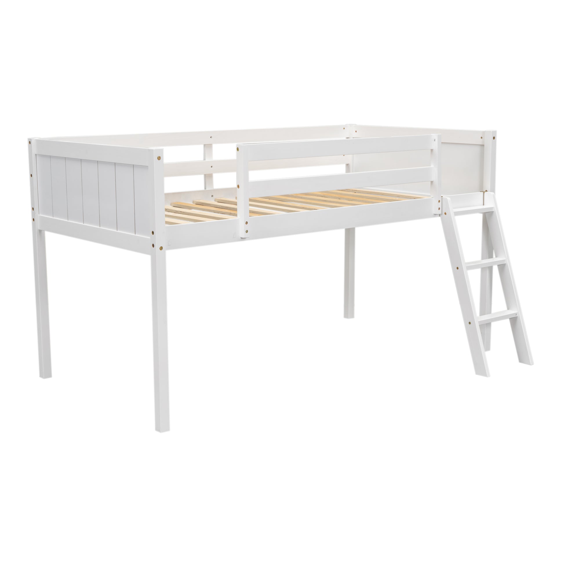 Norela white twin size low loft bed angled view with reversible ladder on white background