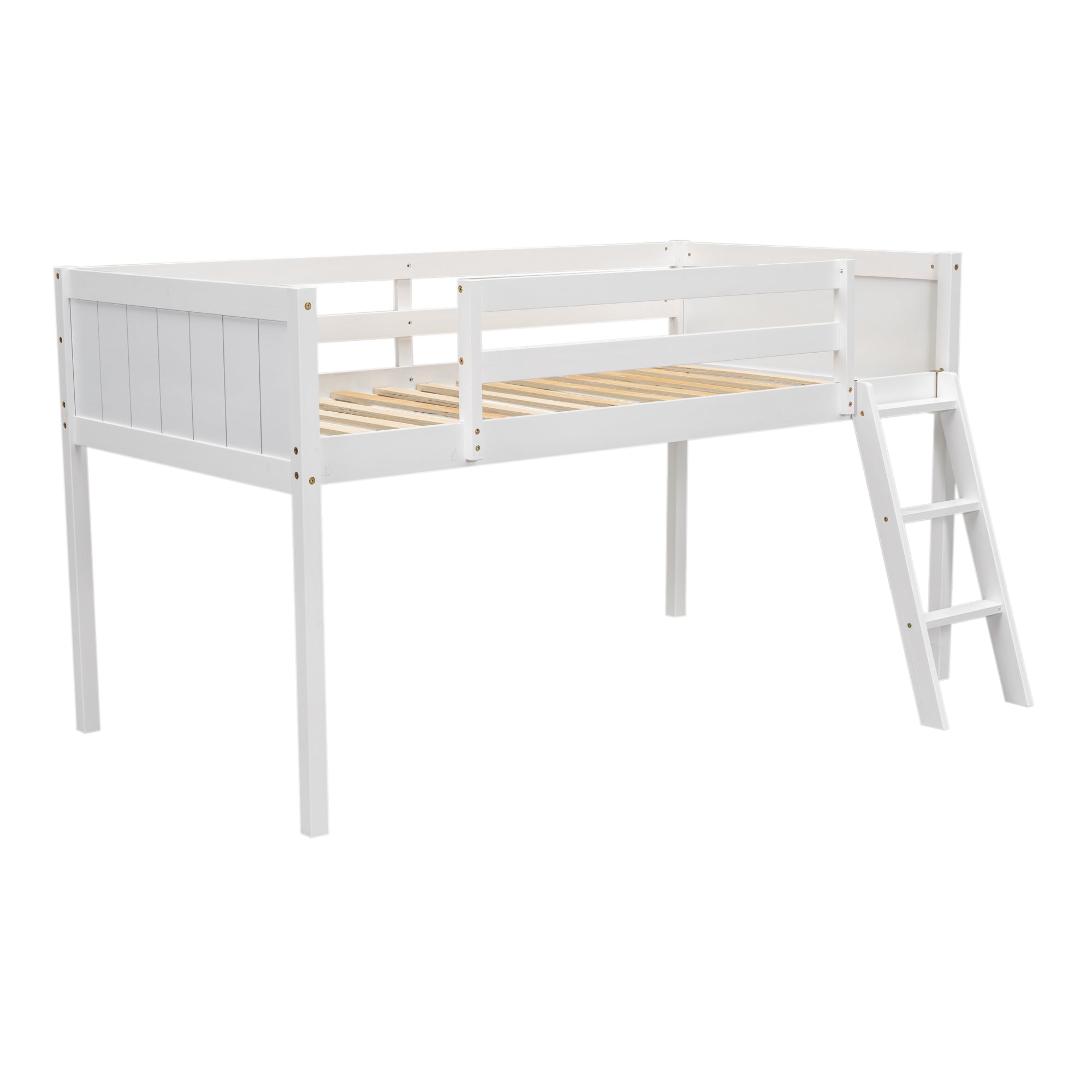 Norela white twin size low loft bed angled view with reversible ladder on white background