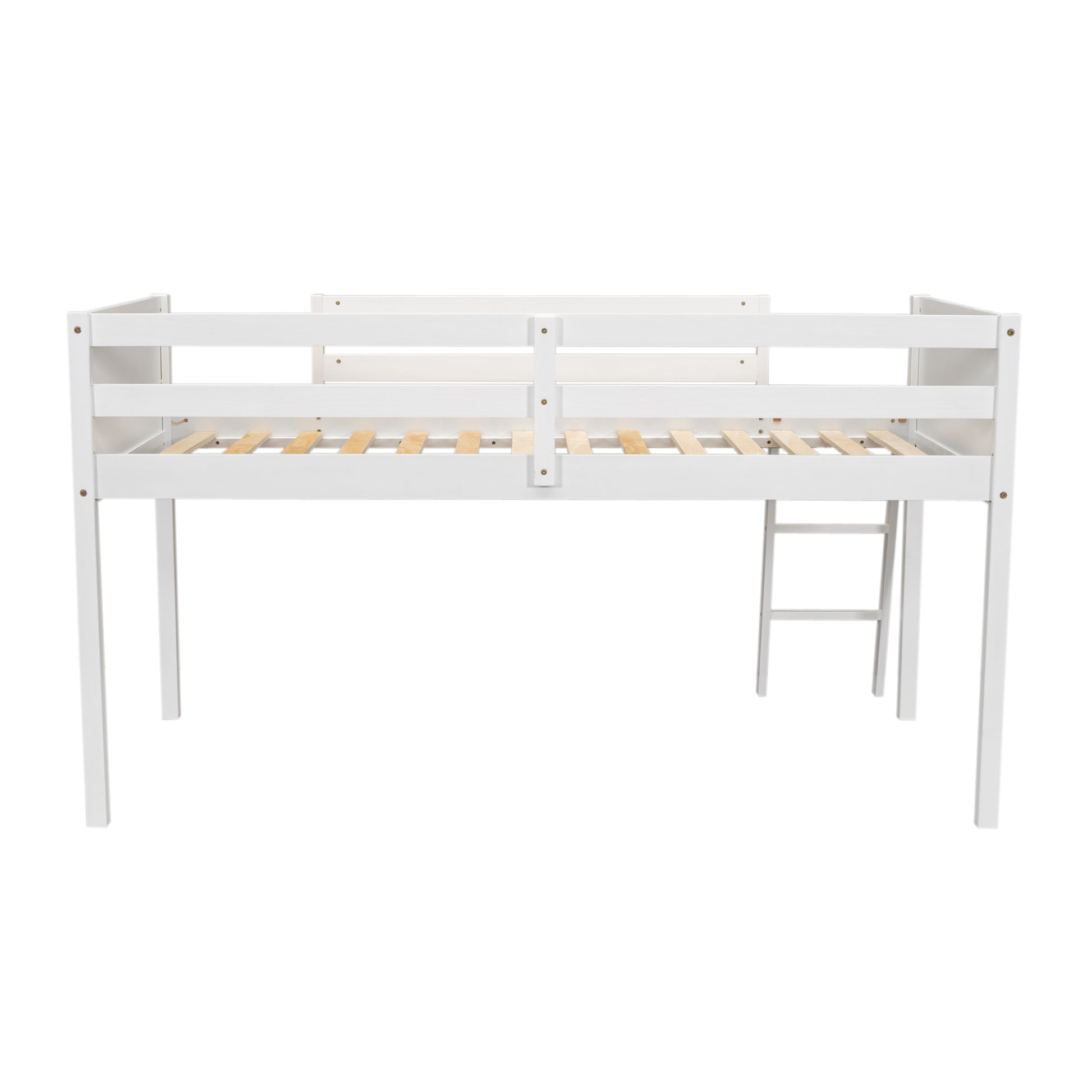 Norela white twin size low loft bed rear view with guardrails on white background