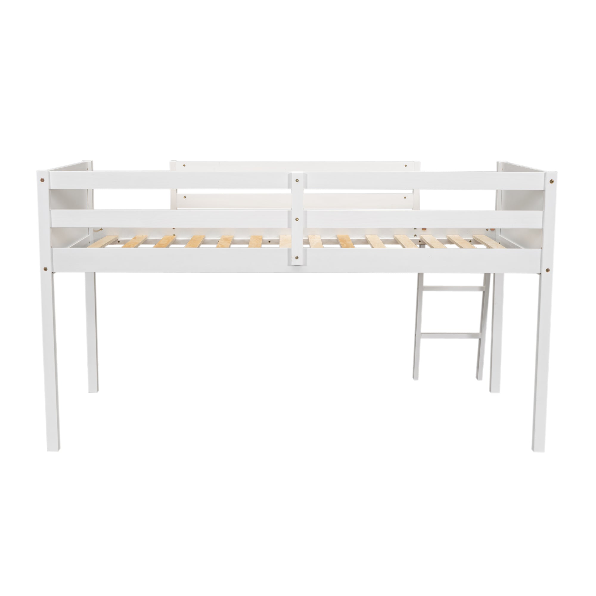 Norela white twin size low loft bed rear view with guardrails on white background