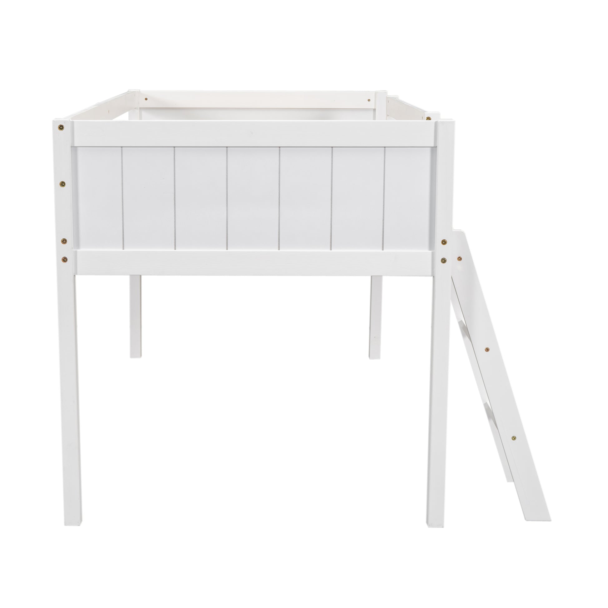 Norela white twin size low loft bed side angled view with wooden slats on white background