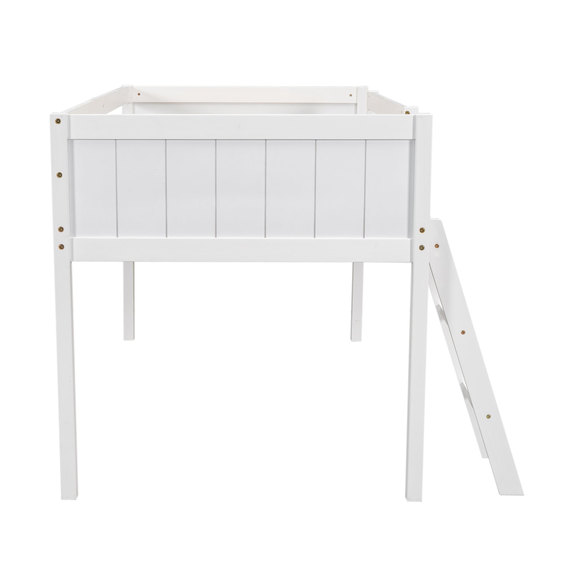 Norela white twin size low loft bed side angled view with wooden slats on white background