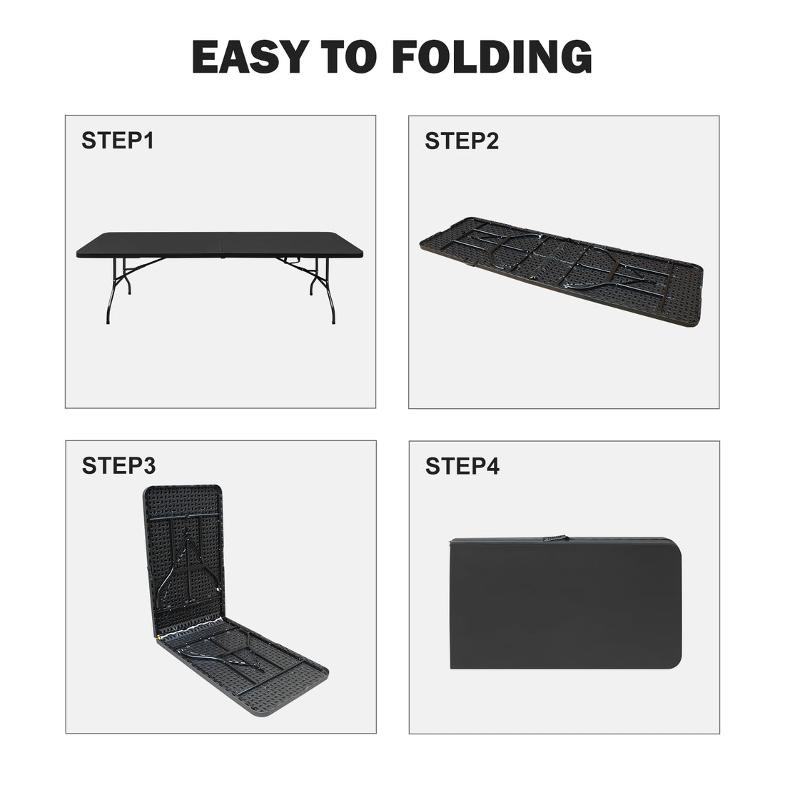 Noren black folding table showing step by step fold in half storage process