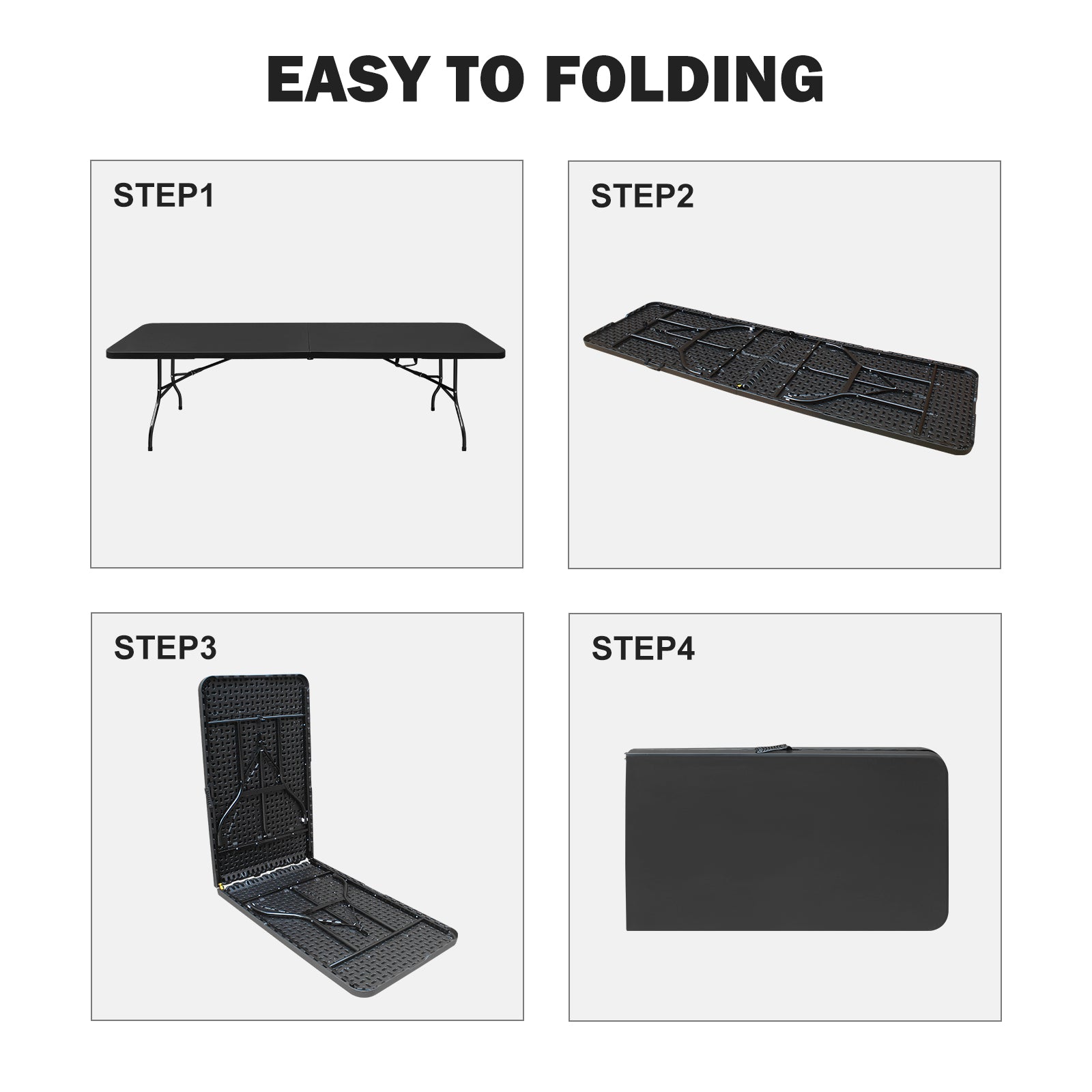 Noren black folding table showing step by step fold in half storage process