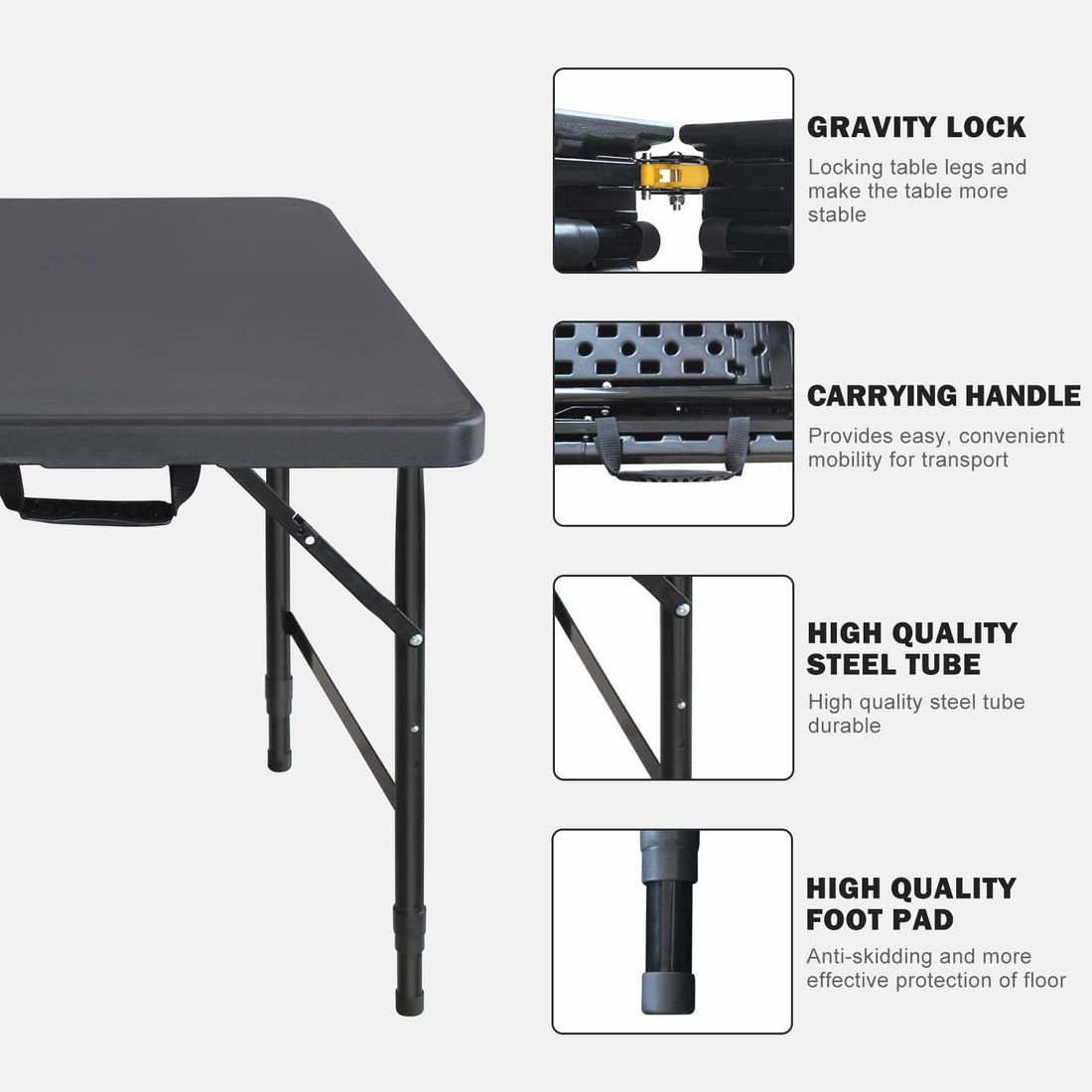 Noren black folding table showing gravity lock carry handle steel frame and anti skid foot pads