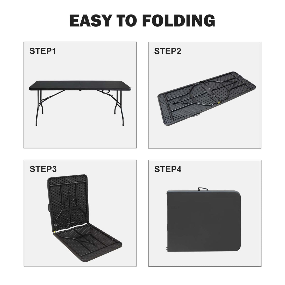 Noren black folding table showing four step fold in half storage and portable carrying process
