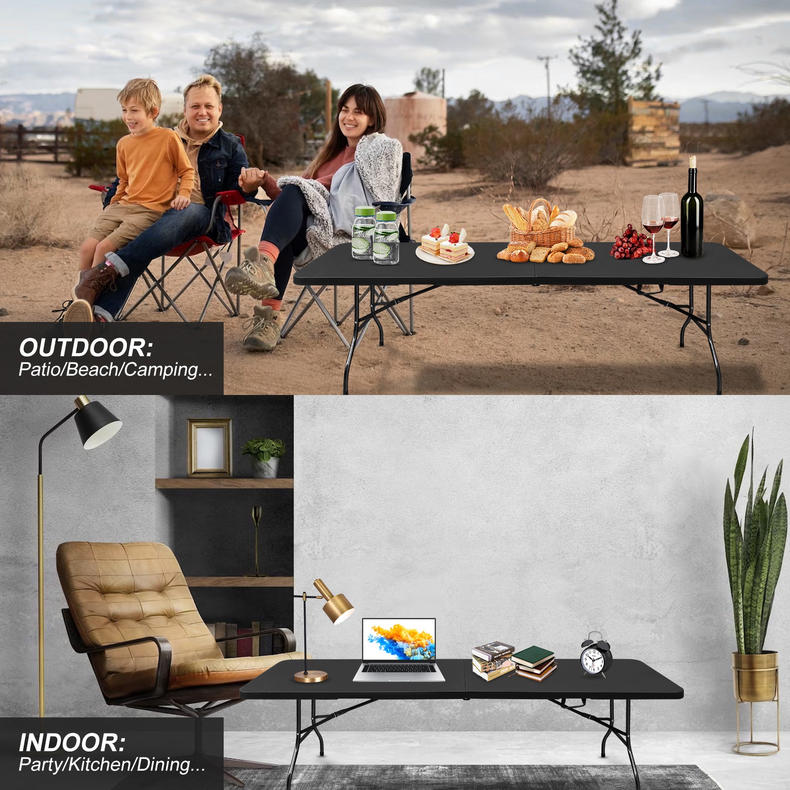 Noren black folding table showing outdoor picnic dining and indoor home office workspace setup