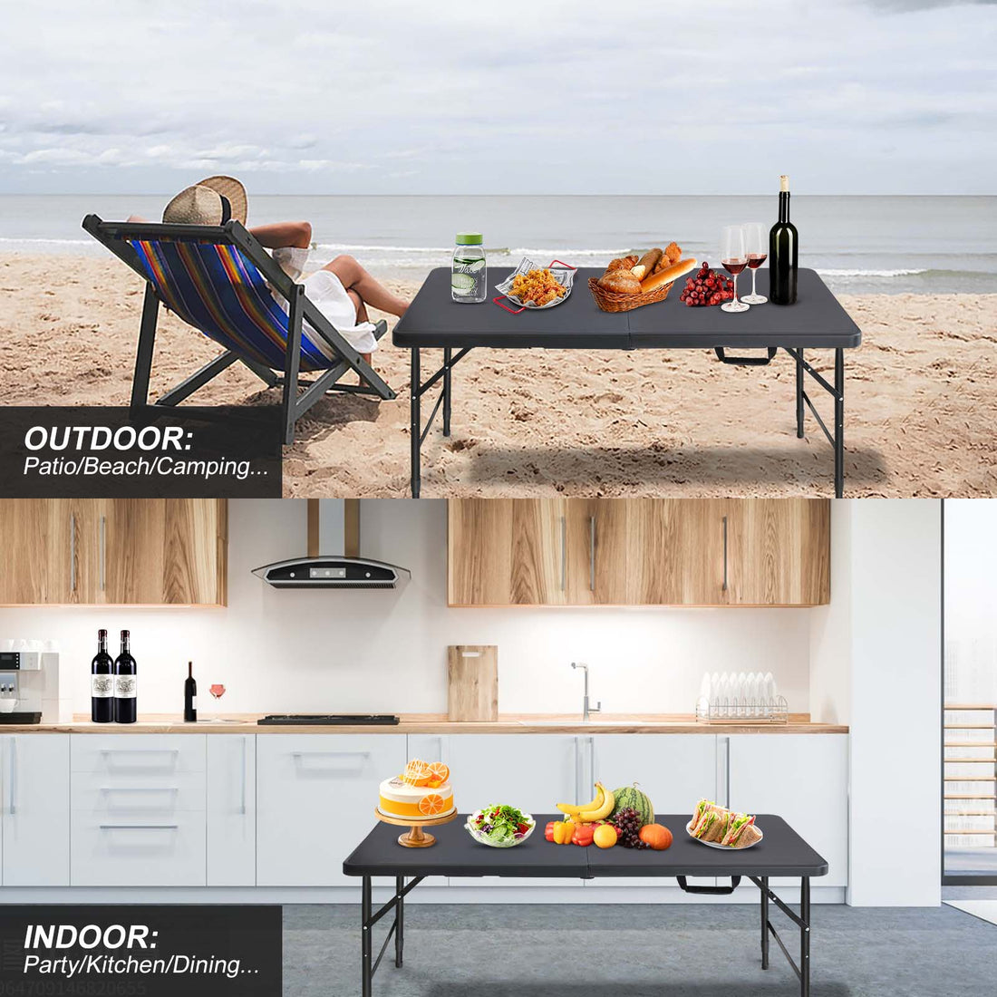 Noren black folding table showing outdoor beach dining and indoor kitchen party setup