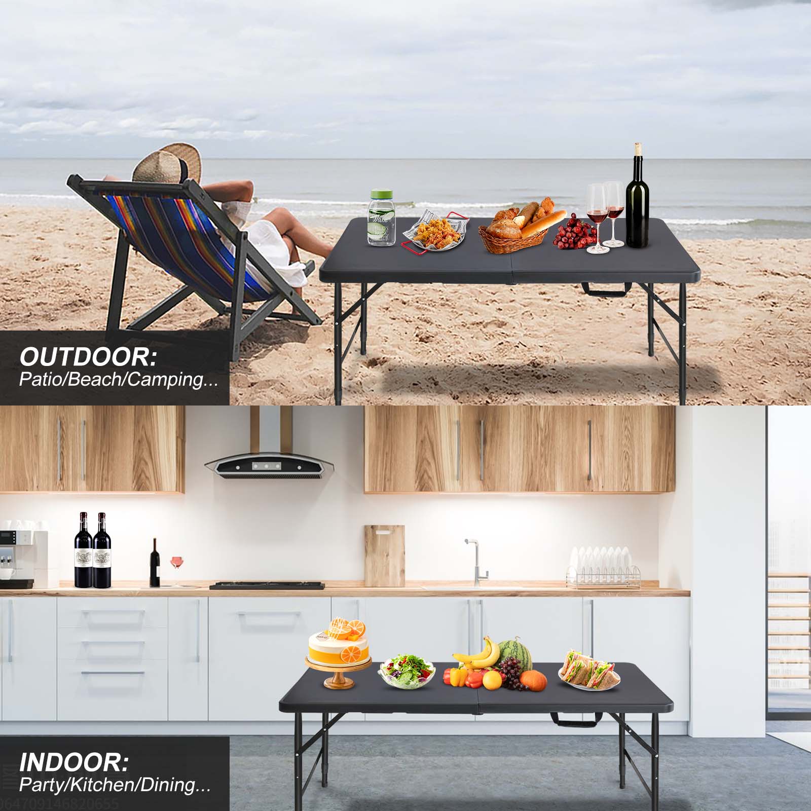 Noren black folding table showing outdoor beach dining and indoor kitchen party setup