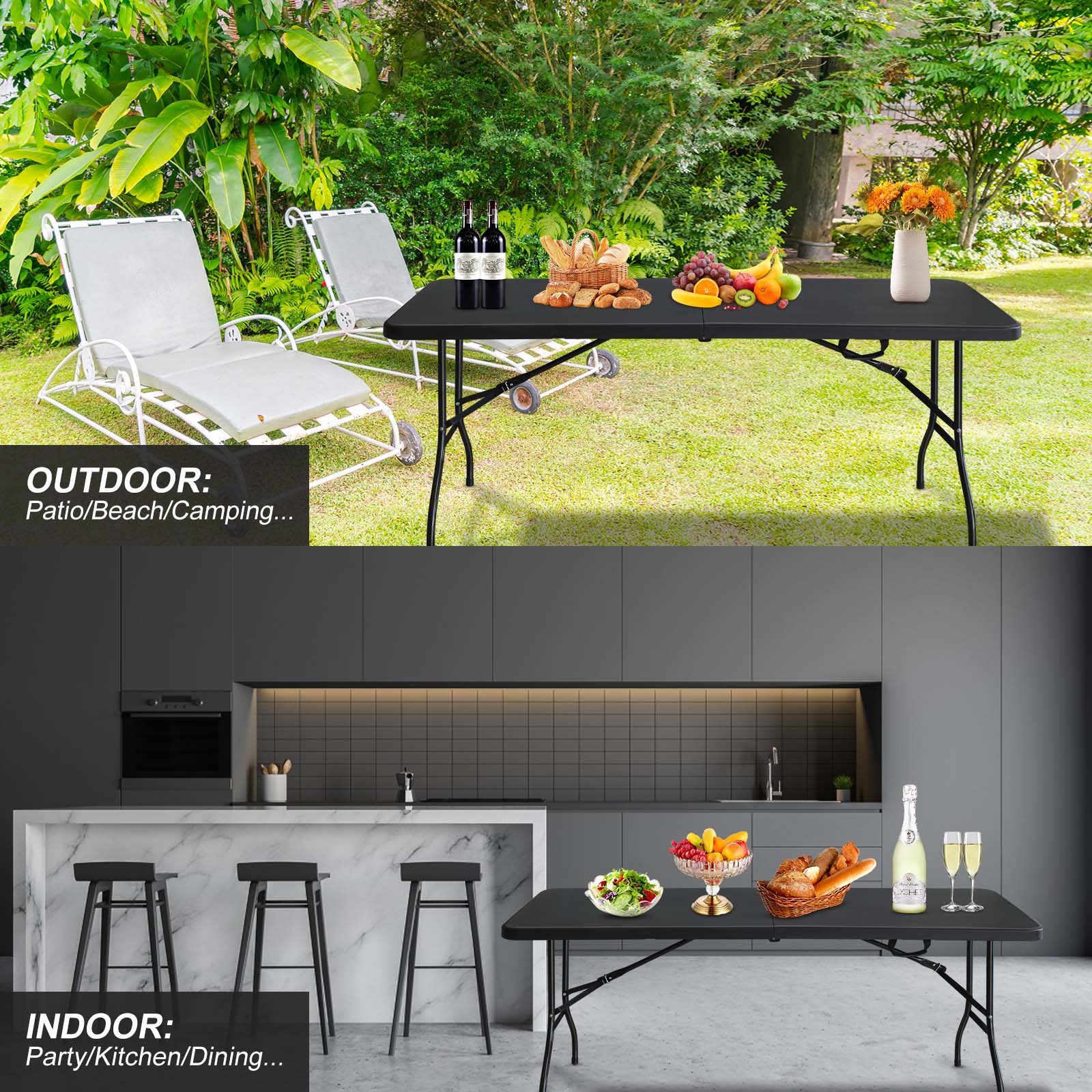 Noren black folding table showing outdoor patio gathering and indoor dining event setup