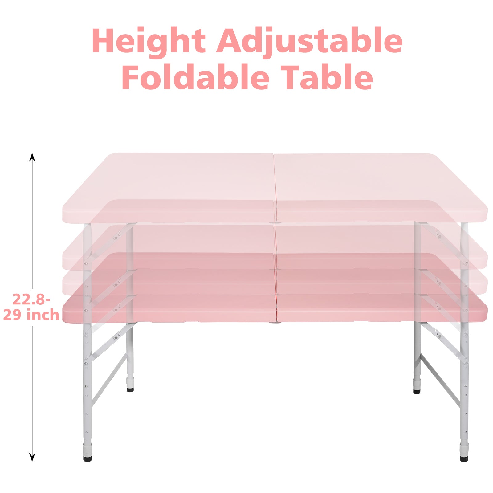 Noren pink folding table showing adjustable height positions from 22.8 to 29 inches