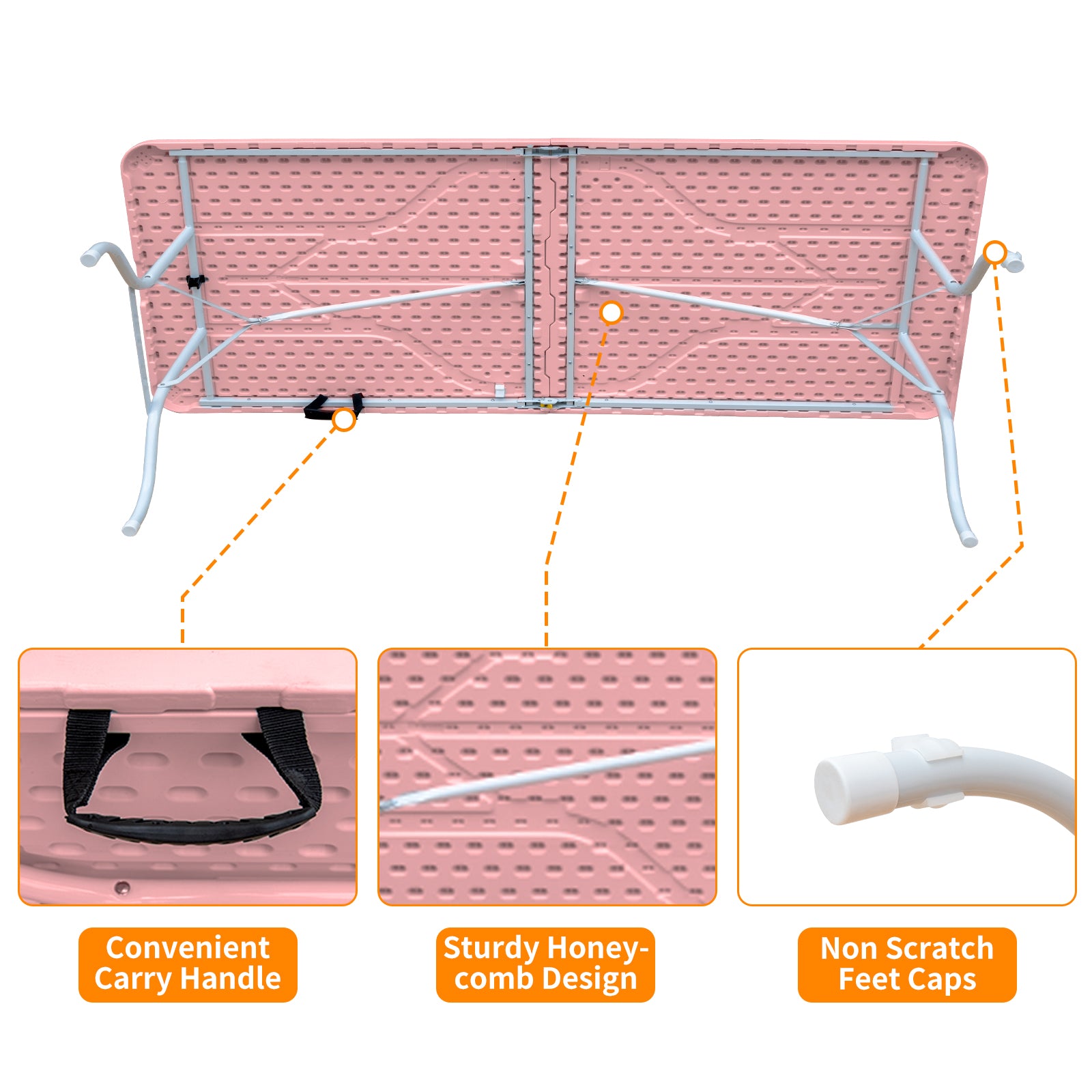 Noren pink folding table showing honeycomb tabletop construction carry handle and non scratch feet caps details