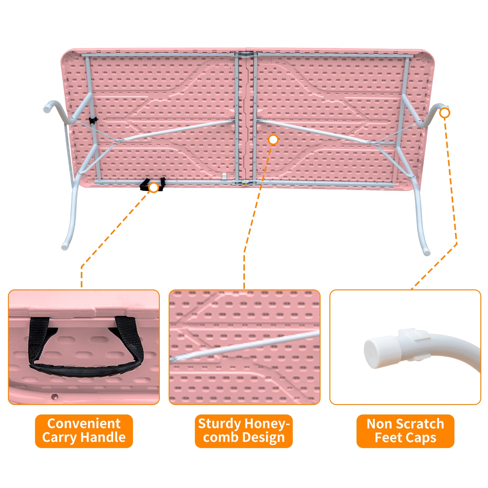Noren pink folding table showing underside frame construction with carry handle honeycomb tabletop support and floor protecting feet caps
