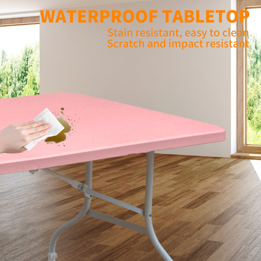 Noren pink folding table showing waterproof stain resistant tabletop surface for easy cleaning