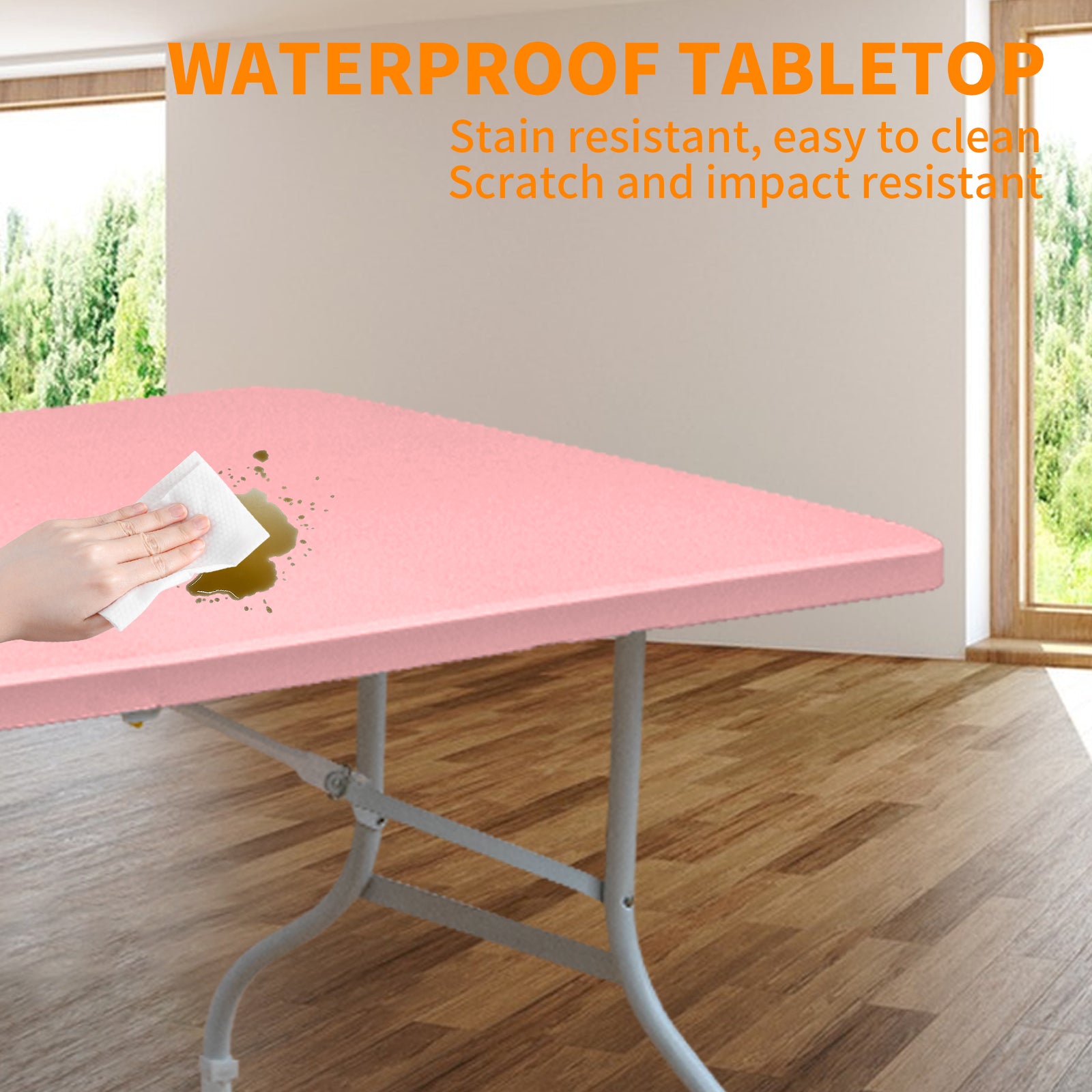 Noren pink folding table showing waterproof stain resistant tabletop surface for easy cleaning
