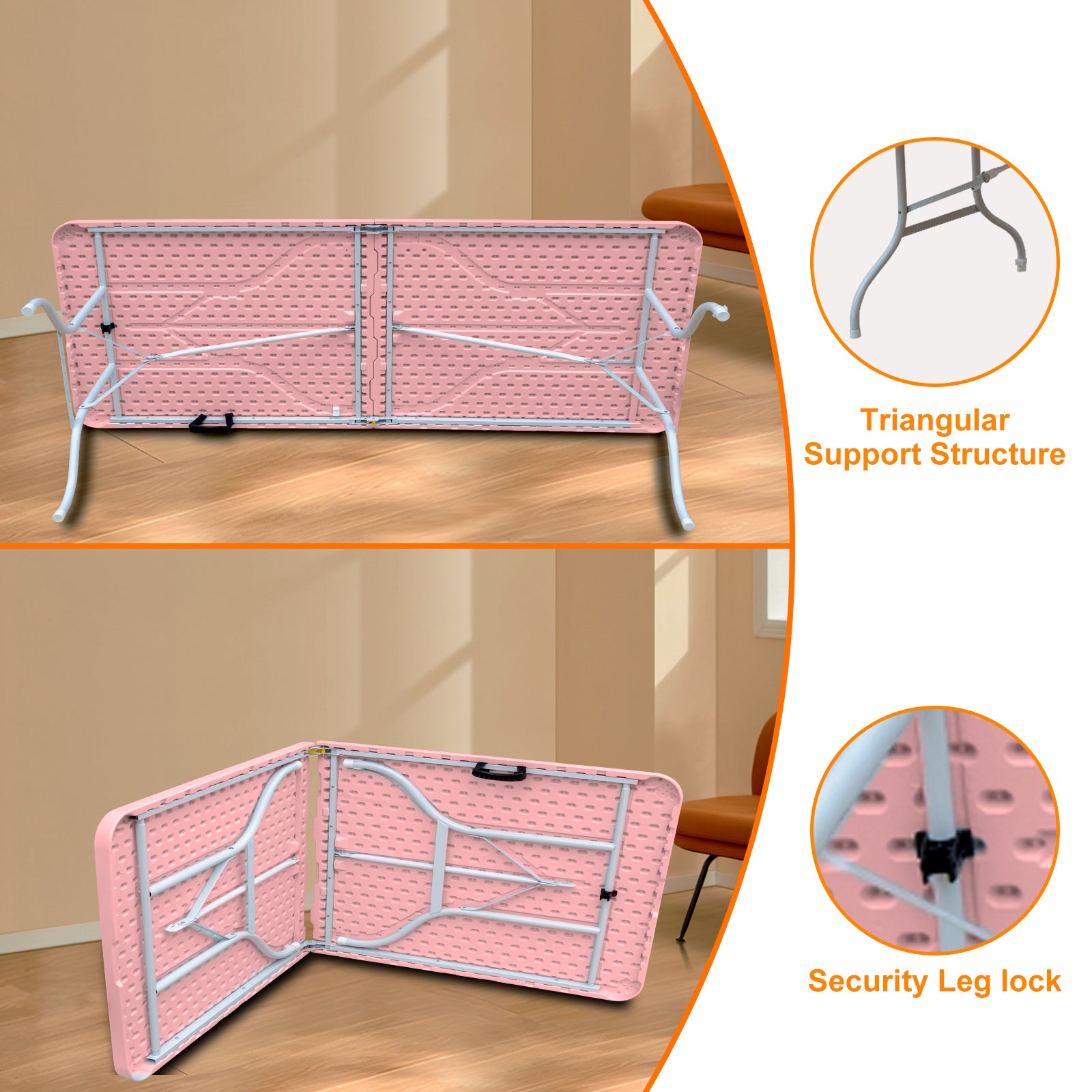 Noren pink folding table showing triangular support frame and security leg lock mechanism