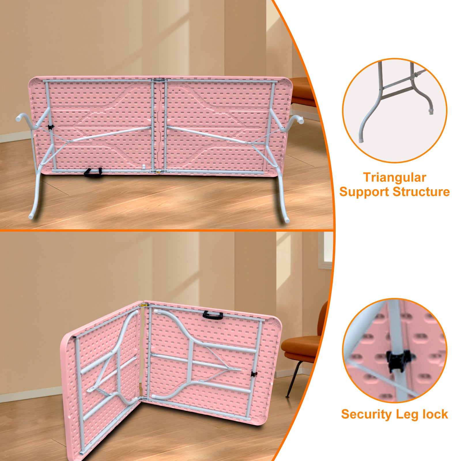 Noren pink folding table showing triangular support structure secure leg lock system and fold in half storage design
