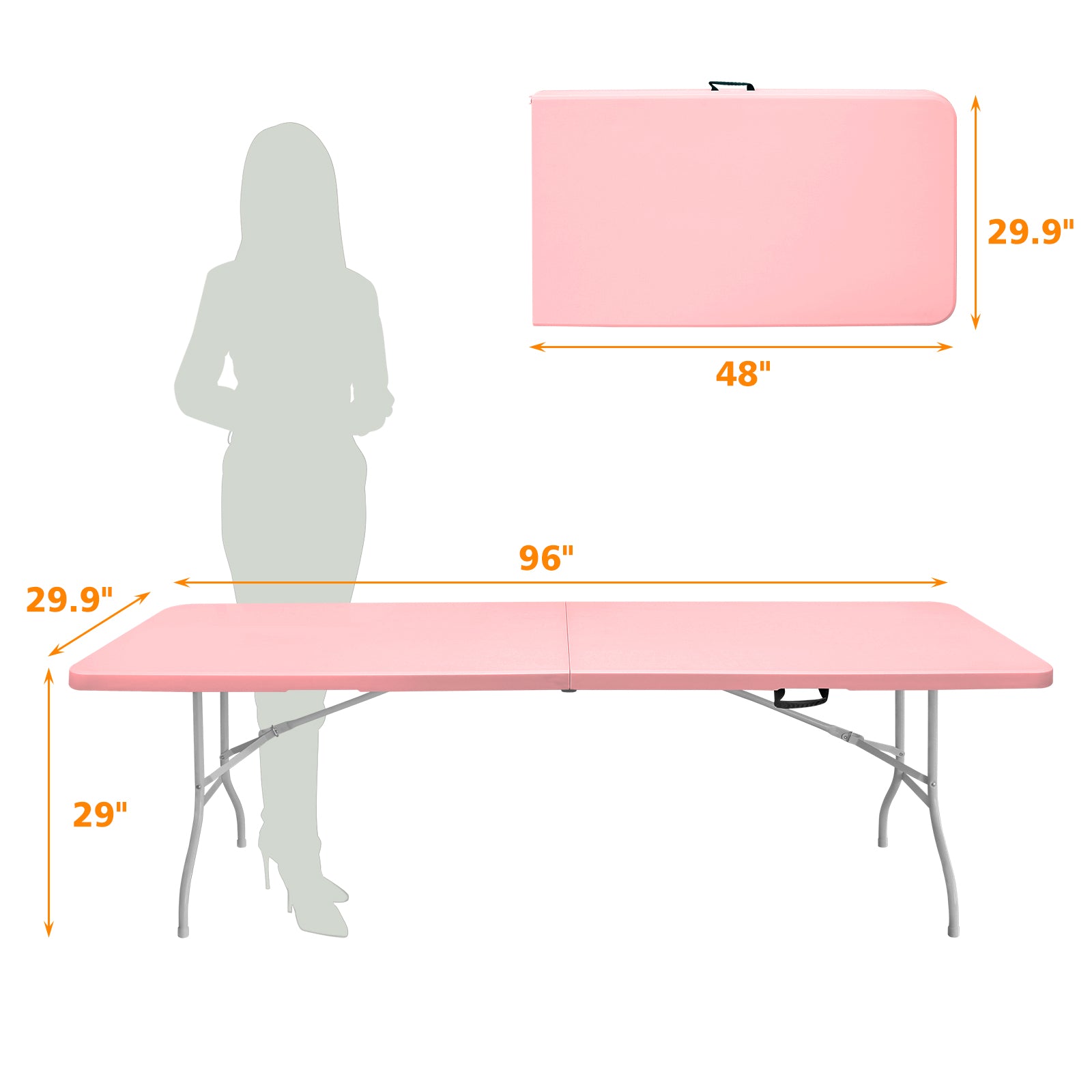 Noren pink folding table showing overall dimensions and folded storage size measurements