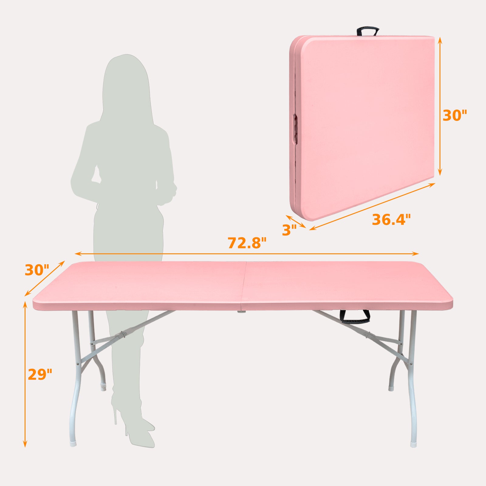 Noren pink folding table showing overall dimensions folded size and portable carry handle configuration
