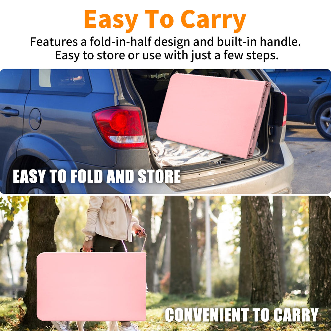 Noren pink folding table showing fold in half storage and portable carry handle for transportation