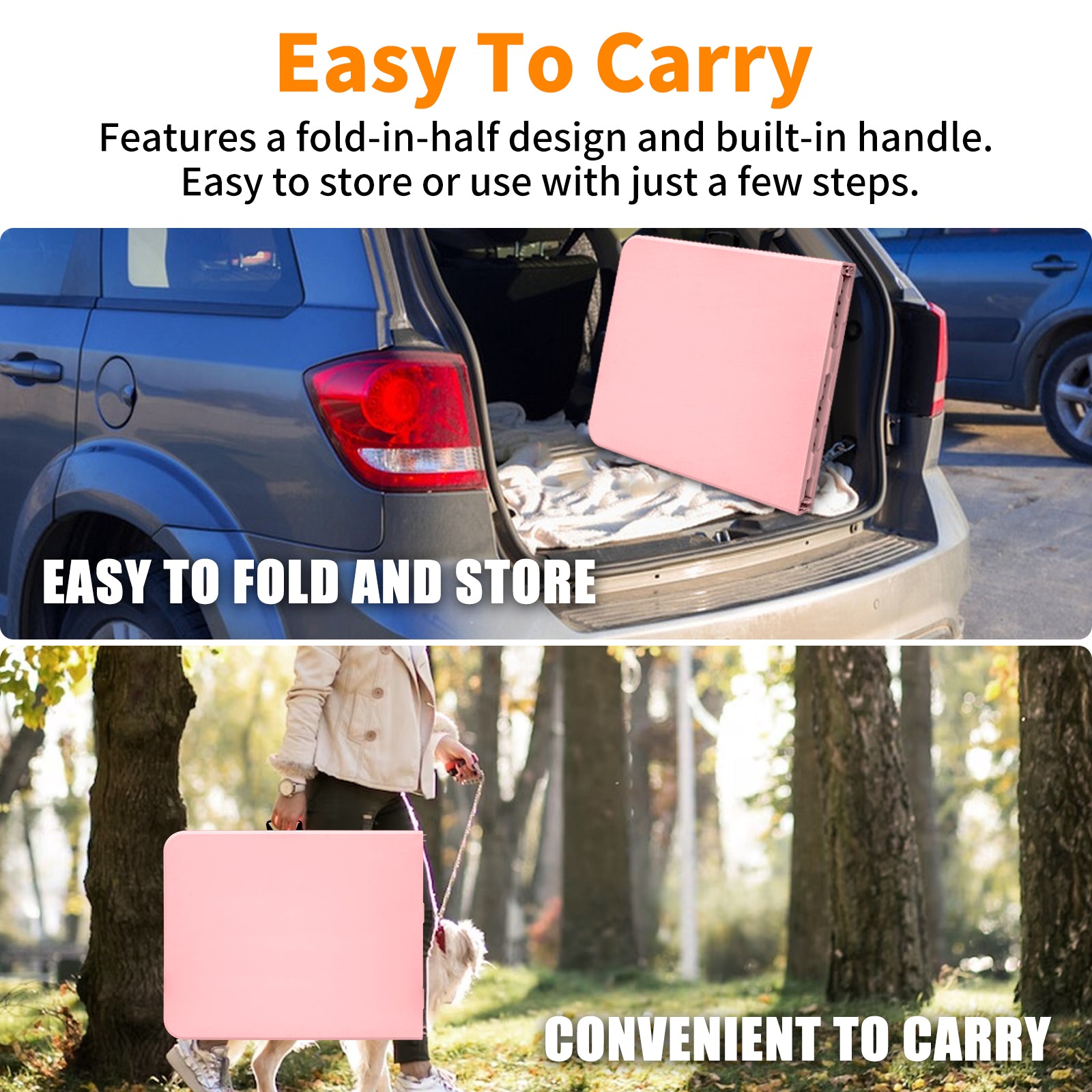 Noren pink folding table showing fold in half portable storage design with built in carry handle for transport and travel