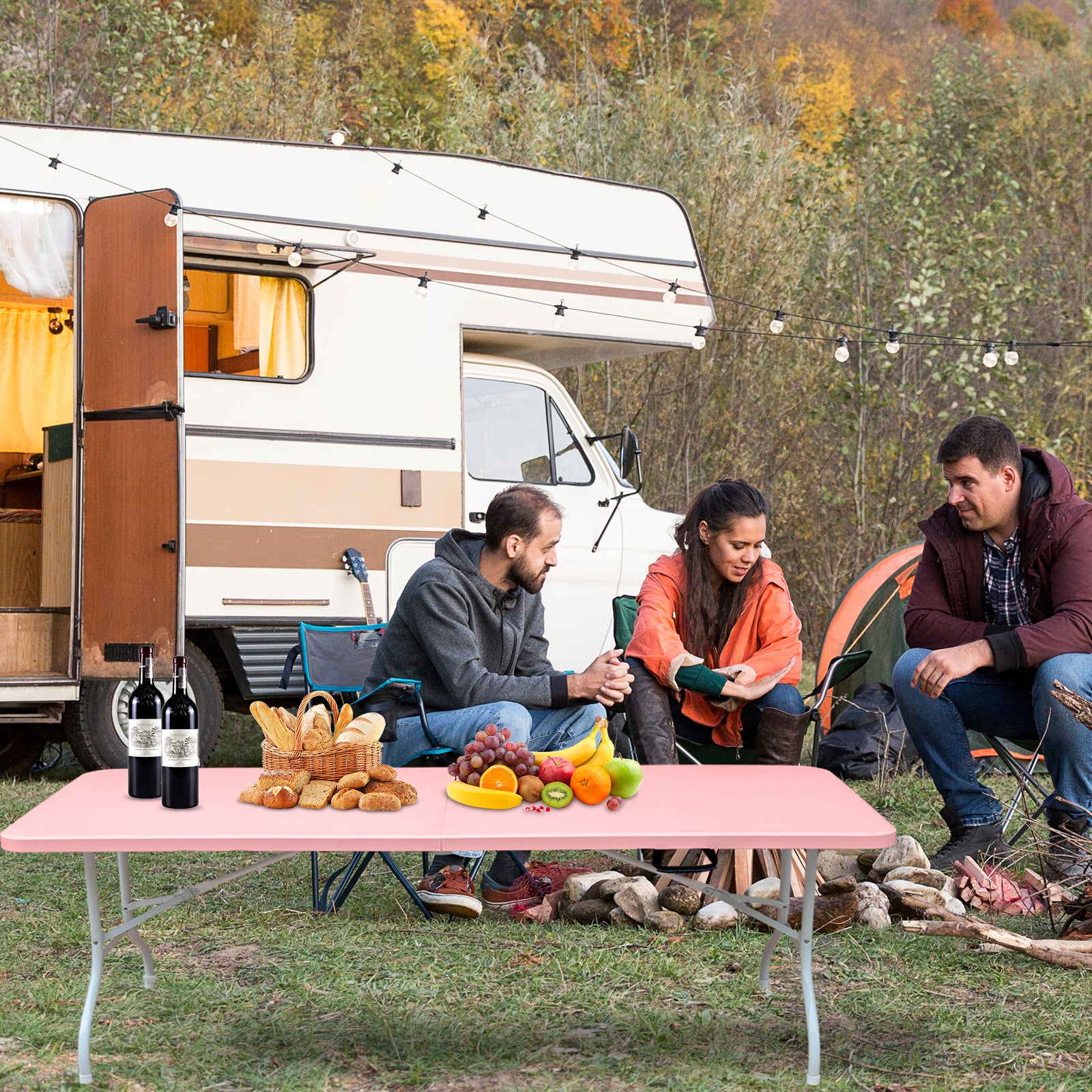 Noren pink folding table showing outdoor camping and picnic gathering setup