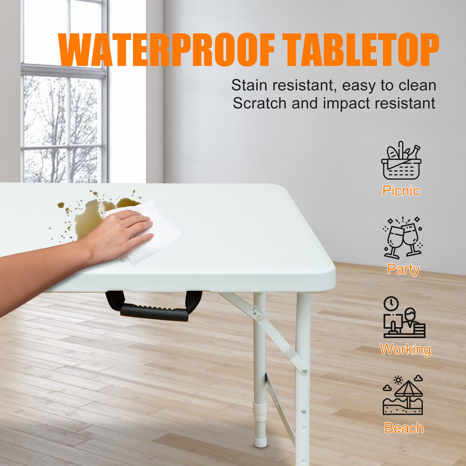 Noren white folding table showing waterproof tabletop surface with easy clean outdoor and indoor use