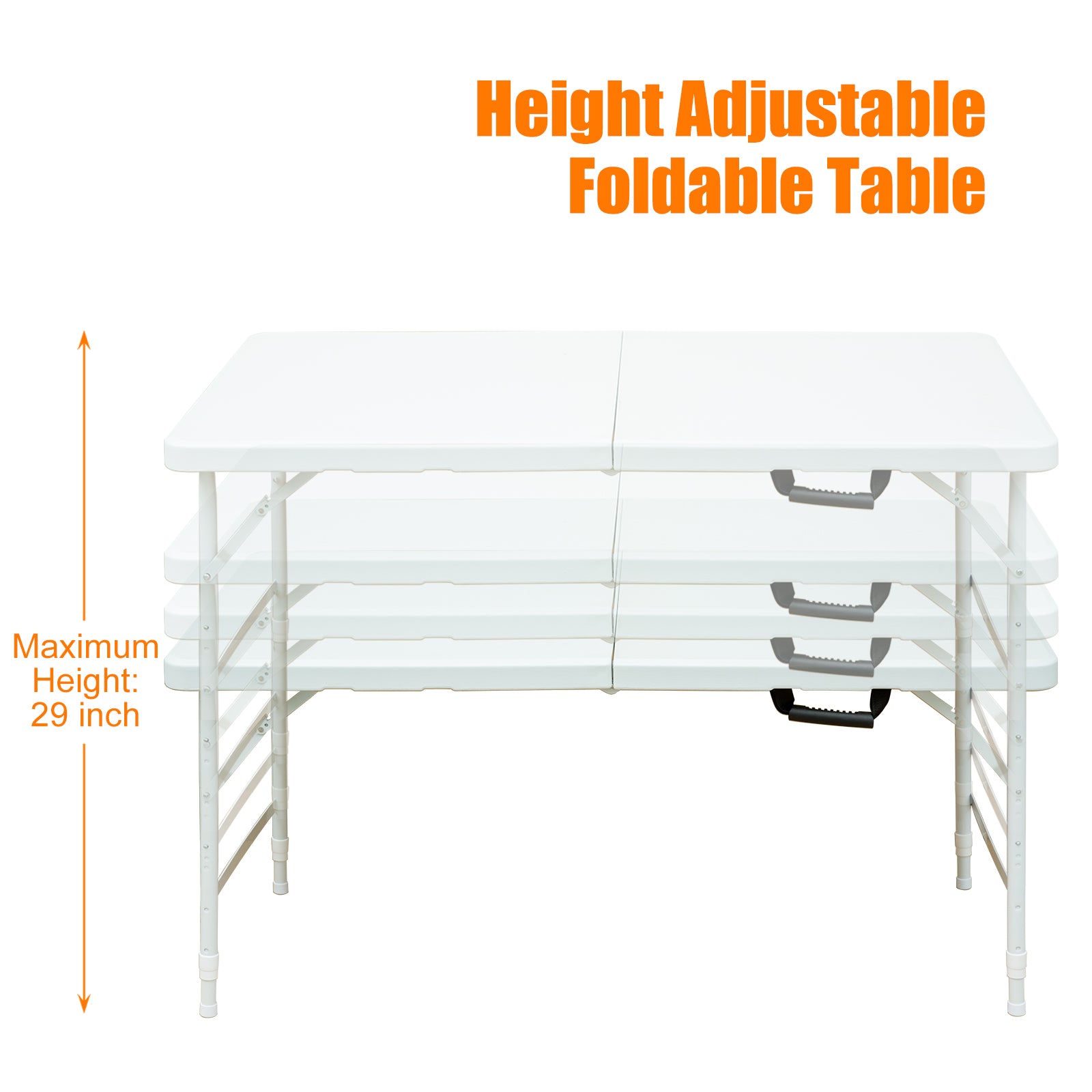 Noren white folding table showing adjustable height positions up to 29 inches