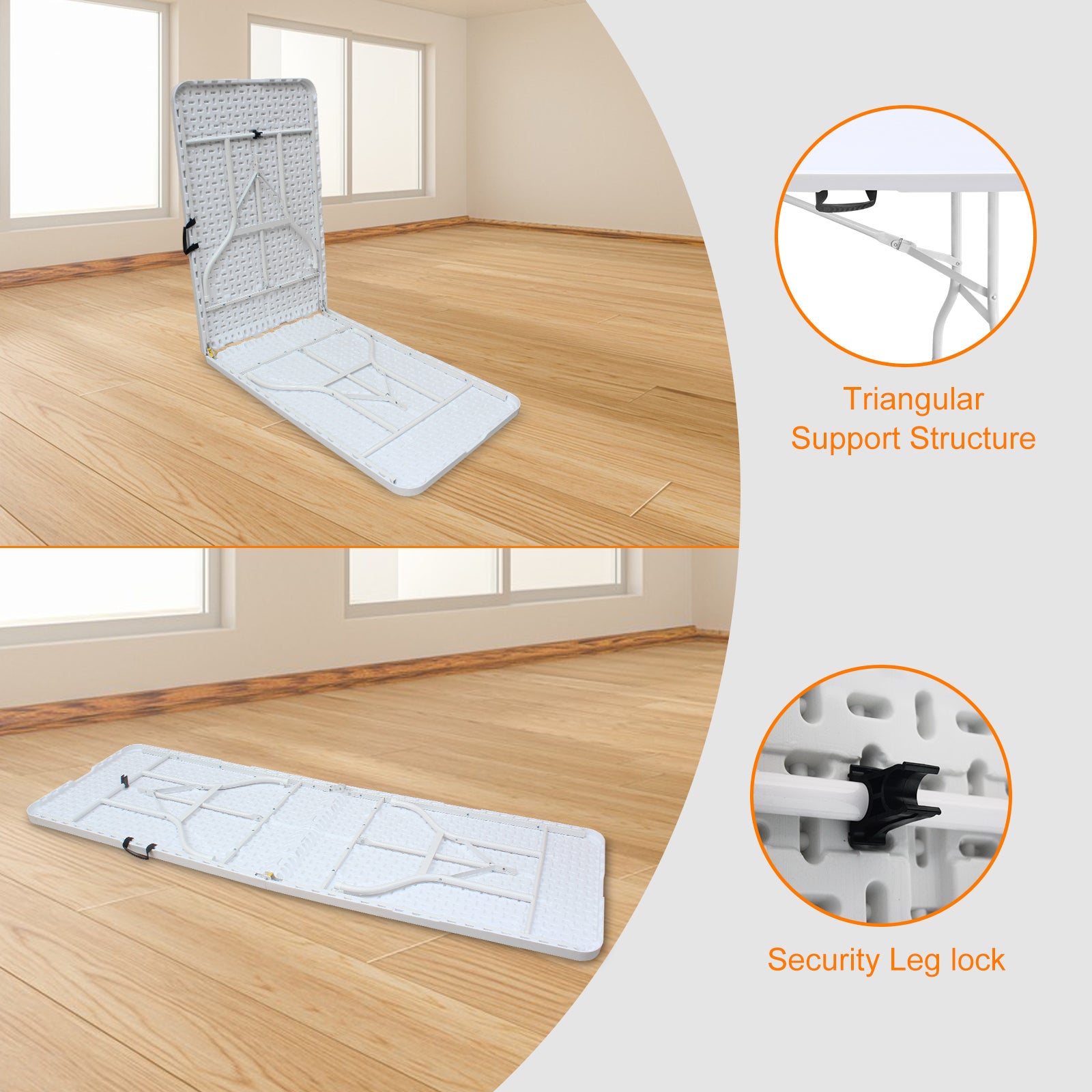 Noren white folding table showing triangular support structure and security leg lock details