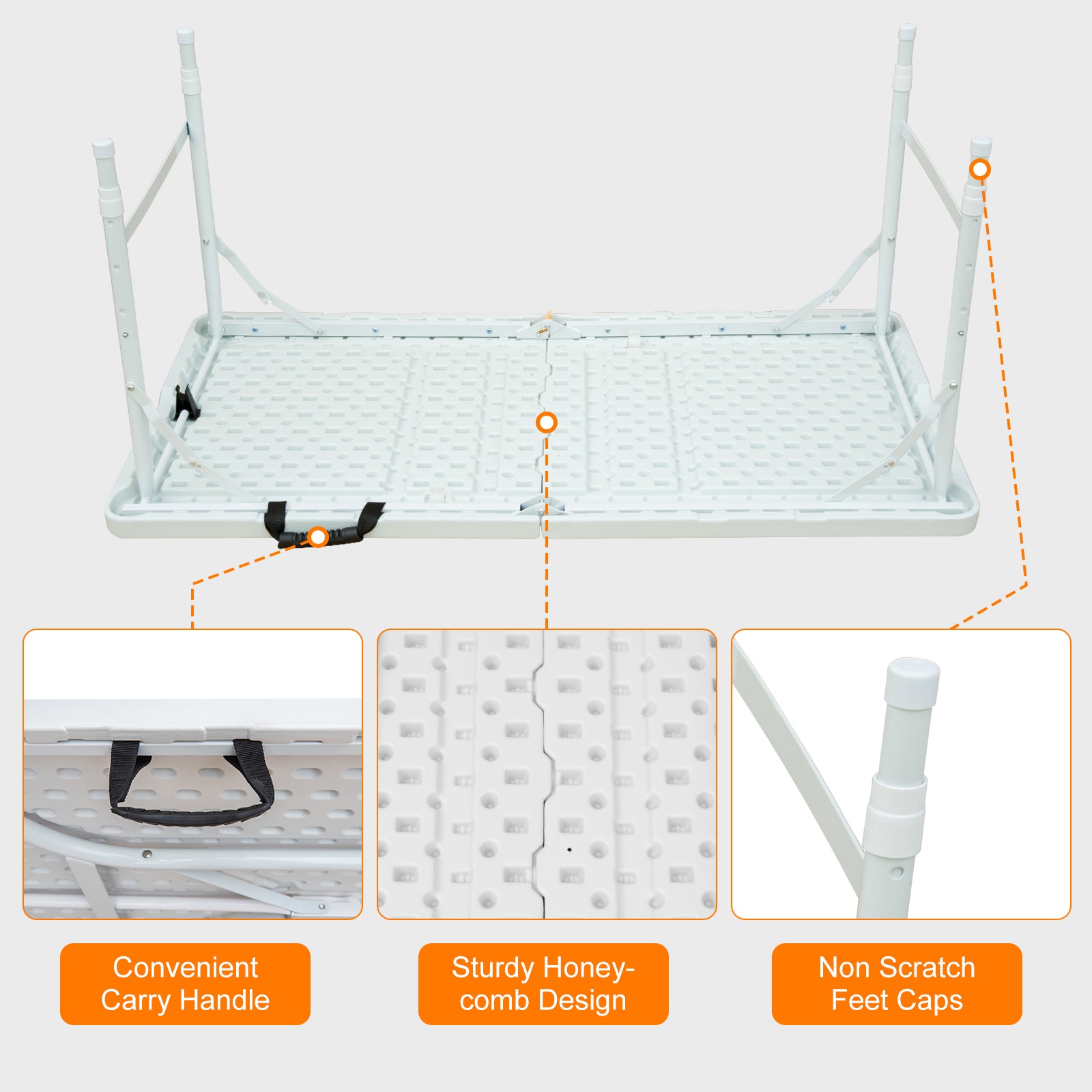 Noren white folding table showing carry handle honeycomb underside structure and non scratch feet caps