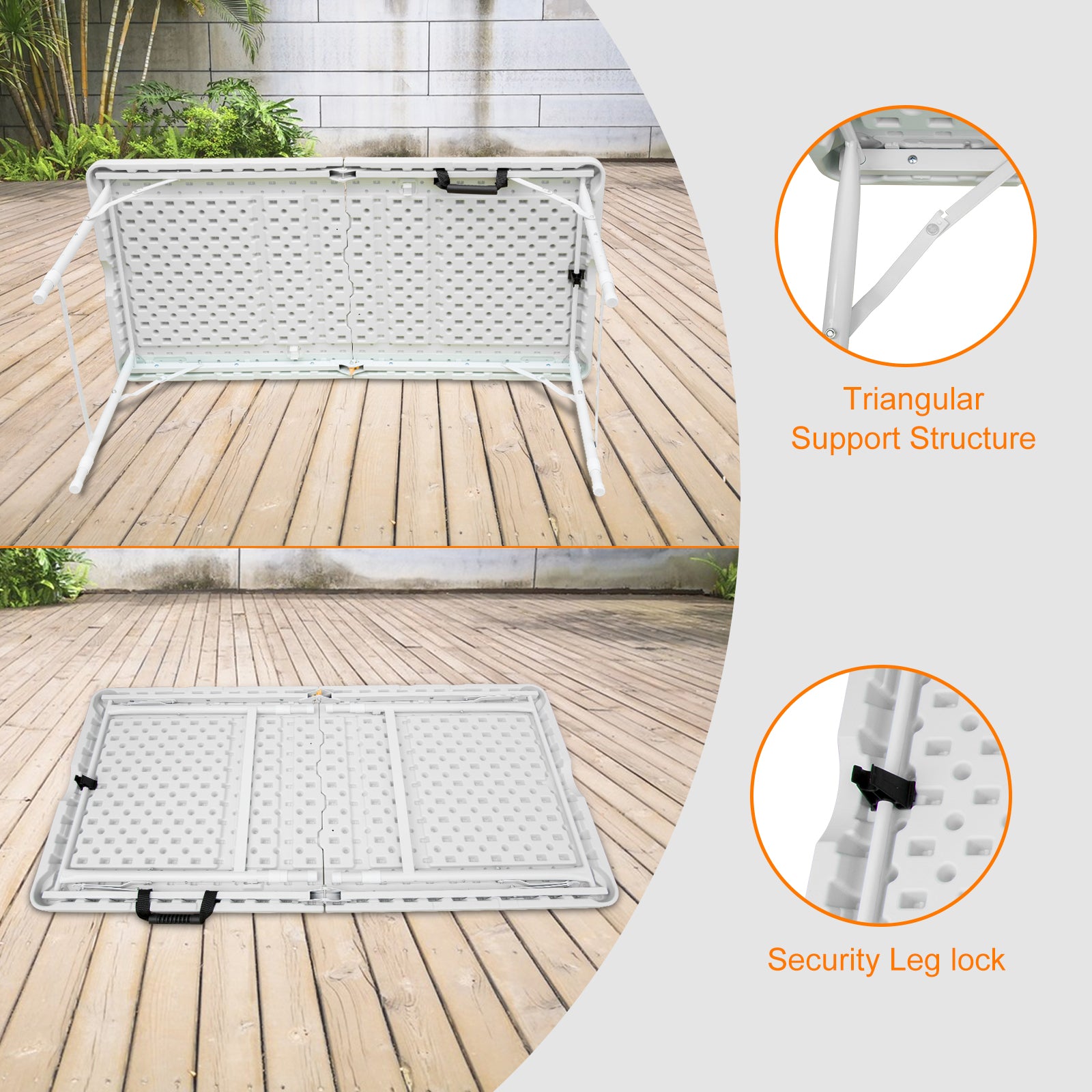 Noren white folding table showing triangular support frame and security leg lock system