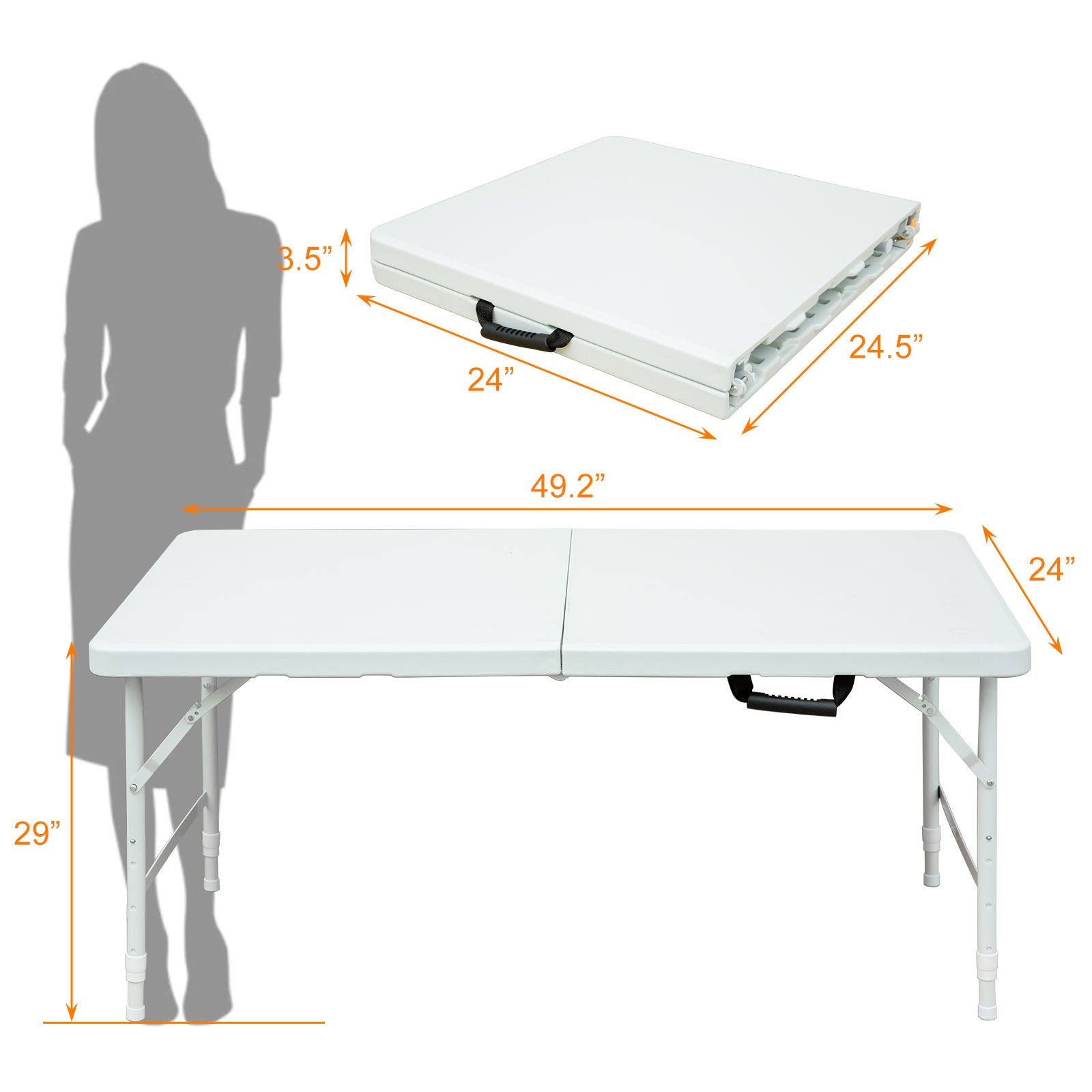 Noren white folding table showing folded storage size and full product dimensions