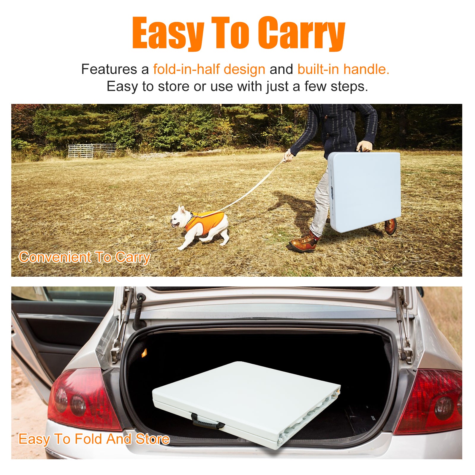 Noren white folding table showing fold in half portable design with carry handle and compact car storage