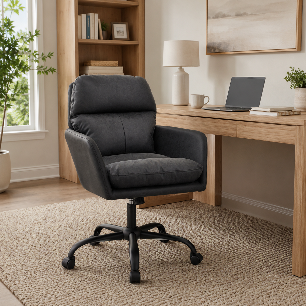 Norven black faux leather swivel office chair in a modern home office with wood desk