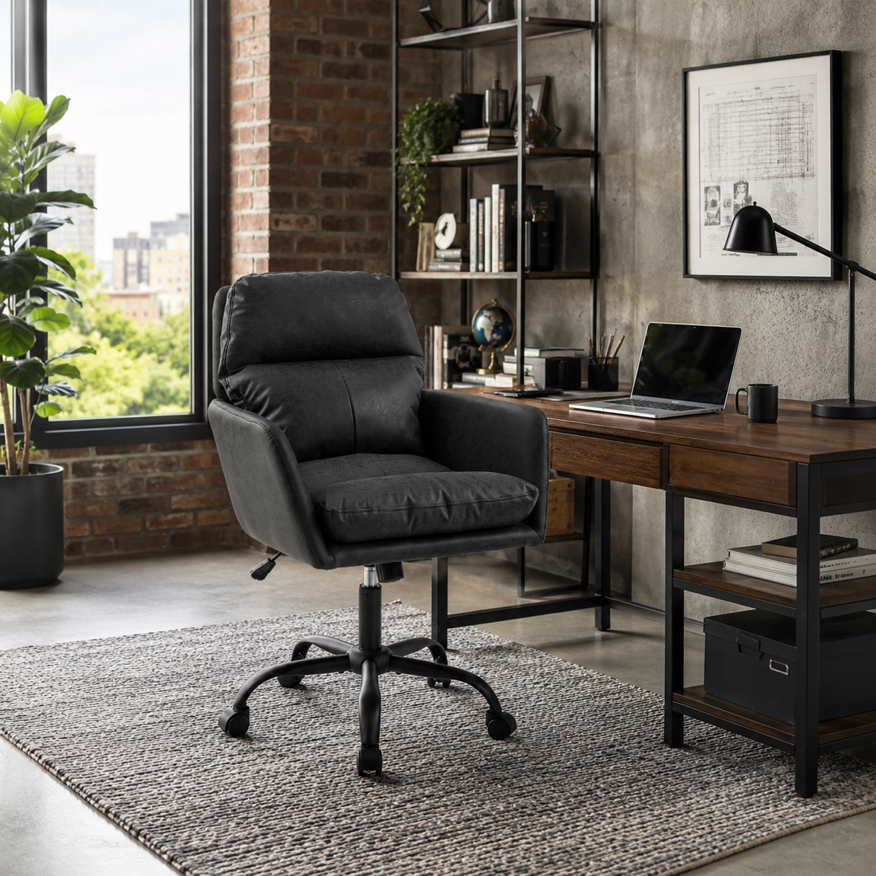 Norven black swivel office chair beside a desk in a bright contemporary room
