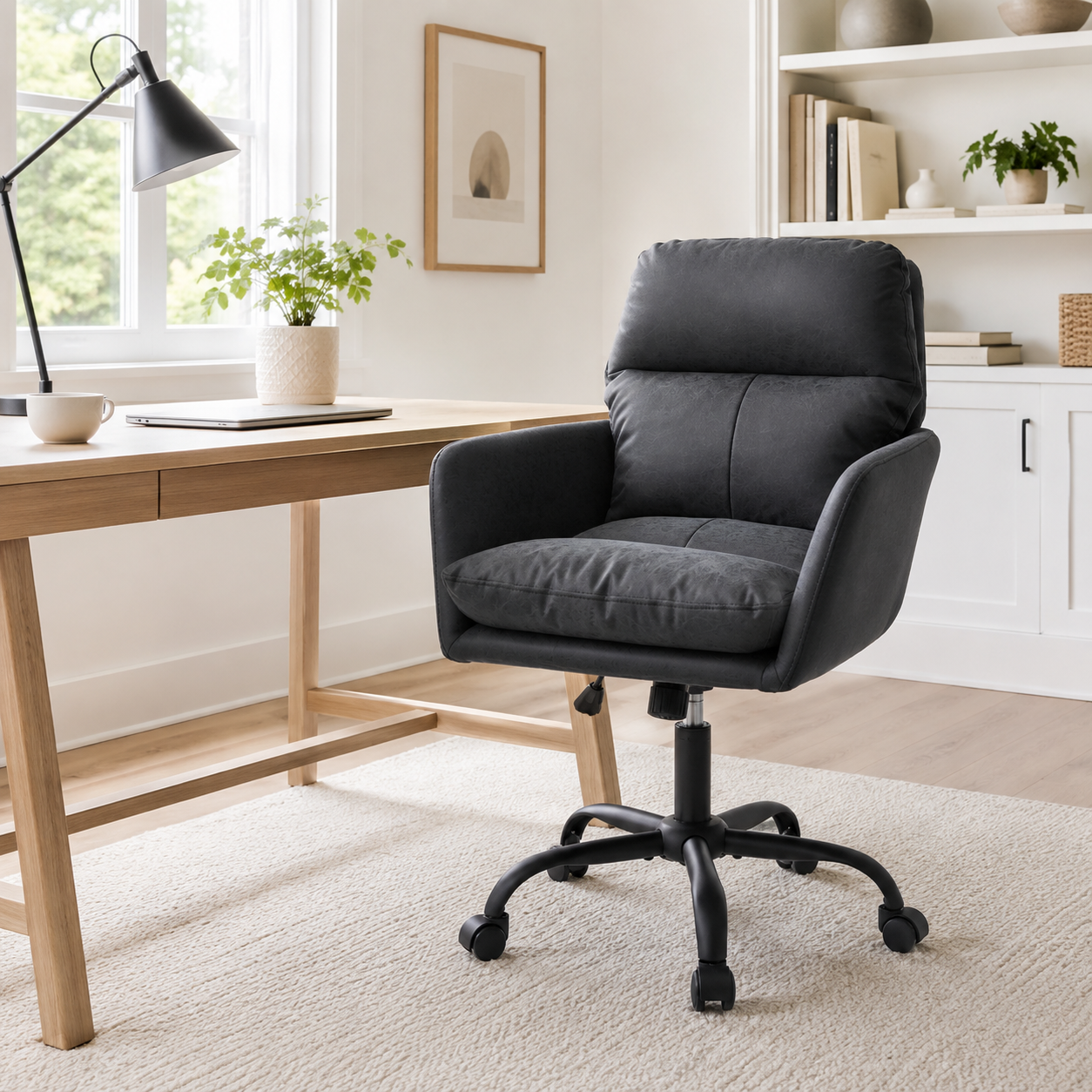 Norven black faux leather office chair in a warm study with framed wall decor