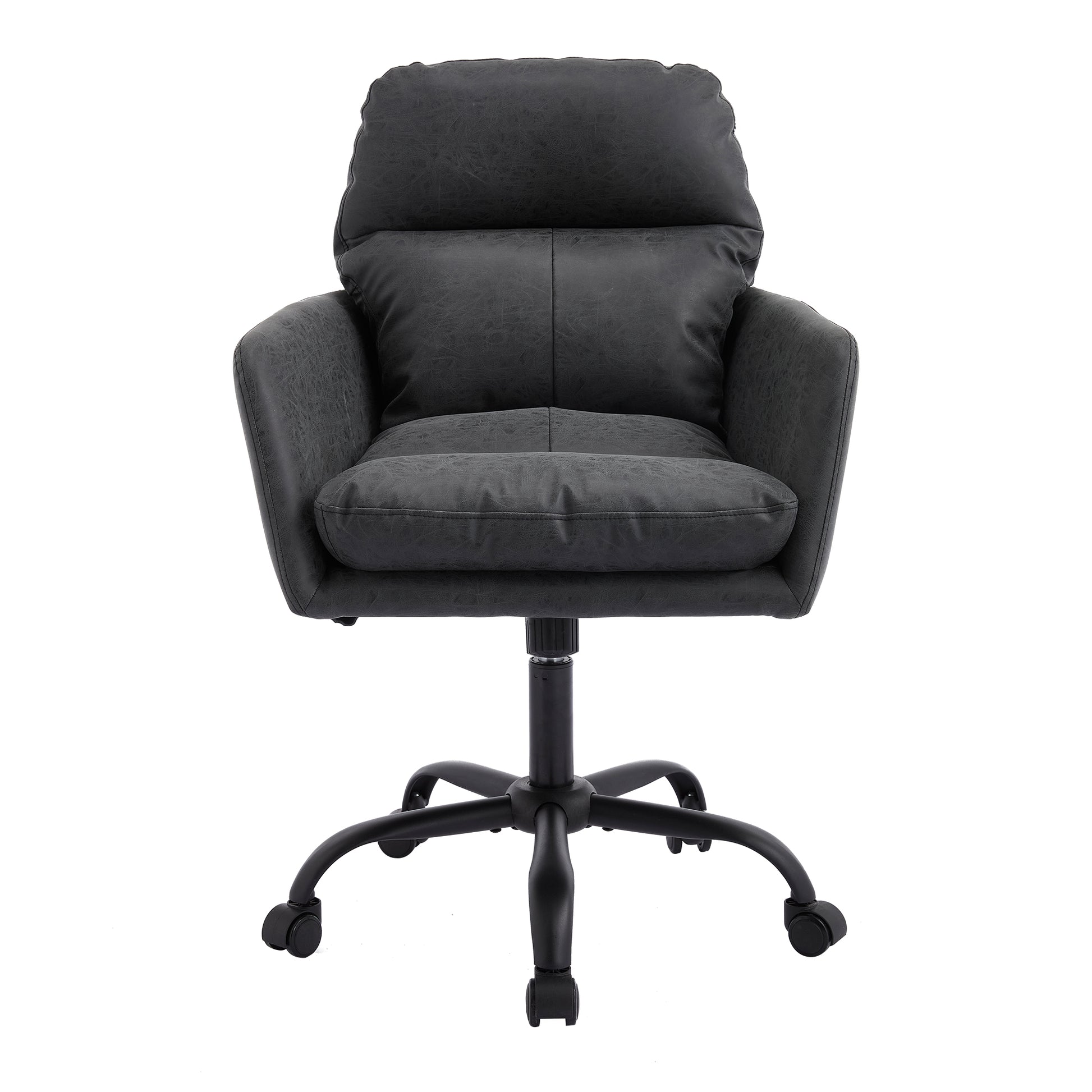 Norven black faux leather swivel office chair straight front view on white background