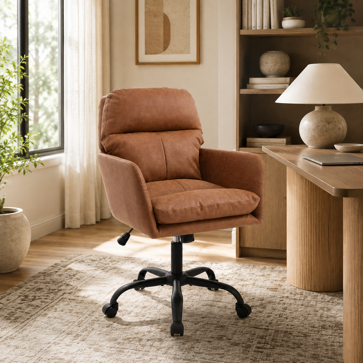 Norven brown faux leather swivel office chair in a traditional home office with wood desk